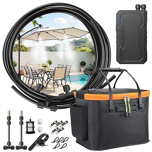 Ausic Portable Misting Systems, Outdoor Water Cooling Misters Set with 6000mAh Water Pump, 20L Bucket, 26FT (8M) Hose, 6*Nozzles, 10*Clips/Ties for Patio/Umbrella/Pasture/Greenhouse/Canopy/Camping