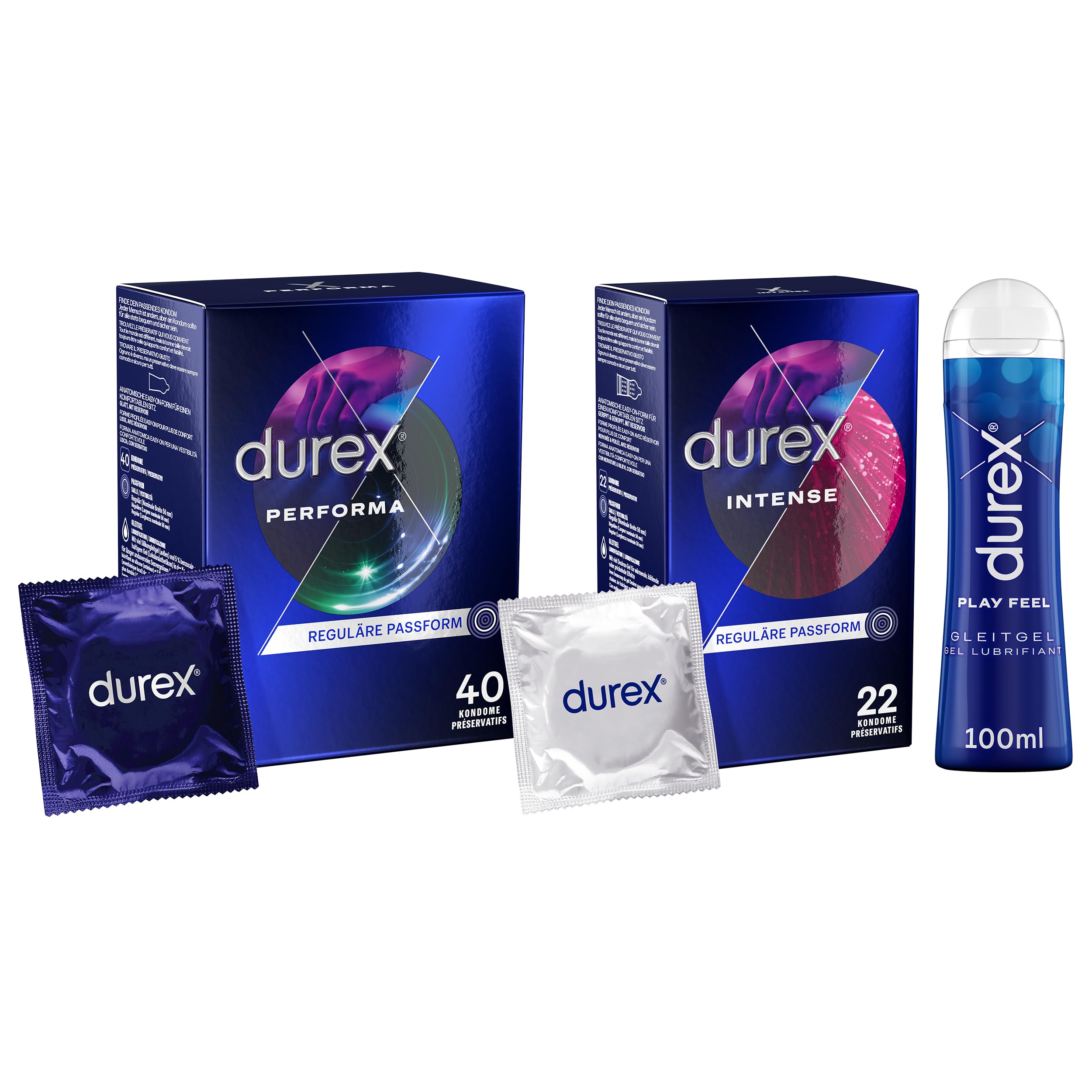 Durex Ausprobier-Set mit Performa Kondome 40 Stück & Intense Orgasmic Kondome 22 Stück & Play Feel Gleitgel 100ml