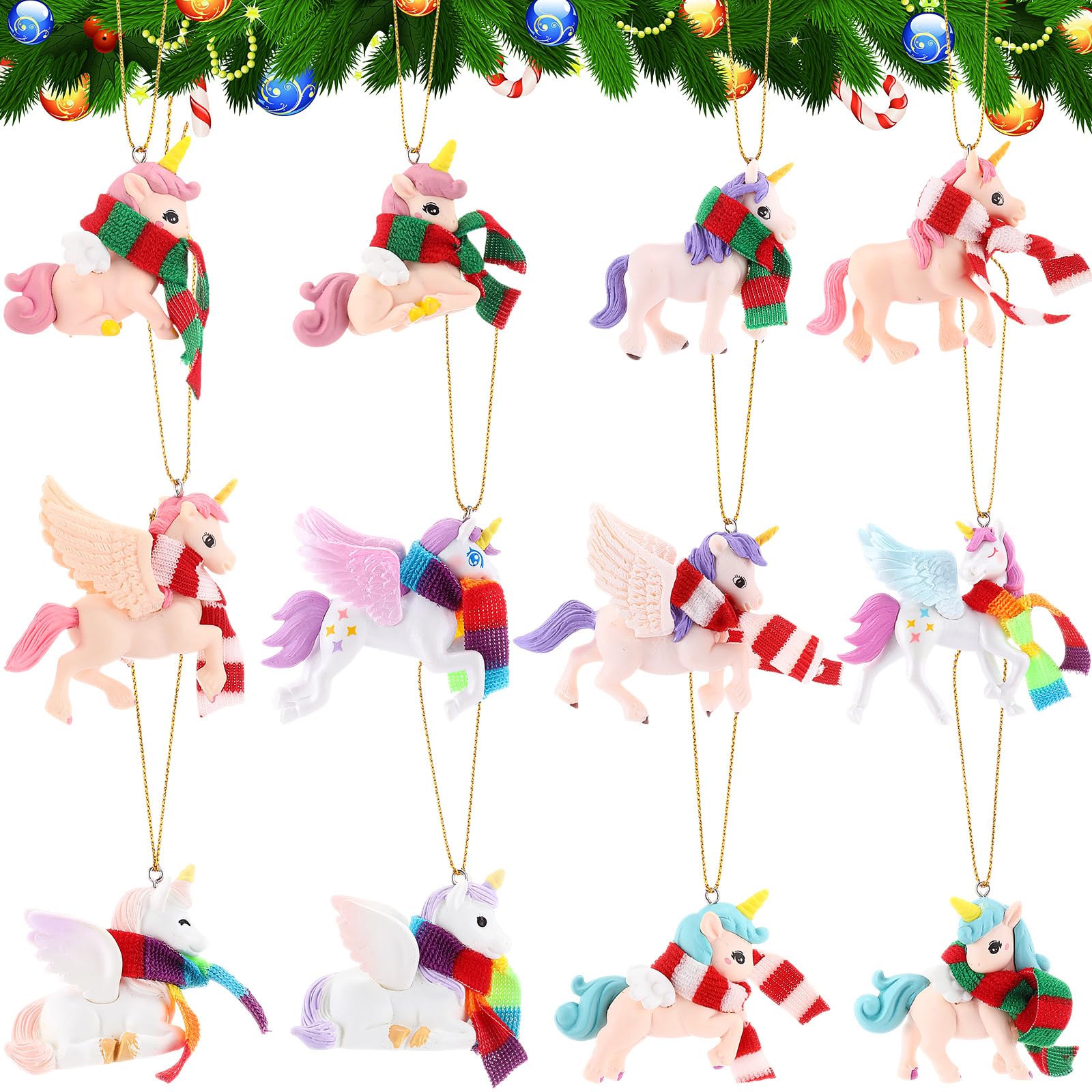 Civaner 12 Pcs Christmas Tree Ornaments 3D Unicorn Christmas Decor Pastel Christmas Ornaments Pink Purple Unicorn Christmas Tree Hanging Ornament Gift for Keychain Backpack Home Decoration Xmas Party