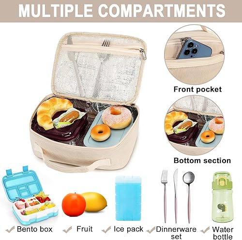 Miniatura 5 de Bluboon Lonchera para niños y niñas, lonchera aislada para la escuela, lonchera de pana organizadora, bolsa de almuerzo para niños y niñas (pana