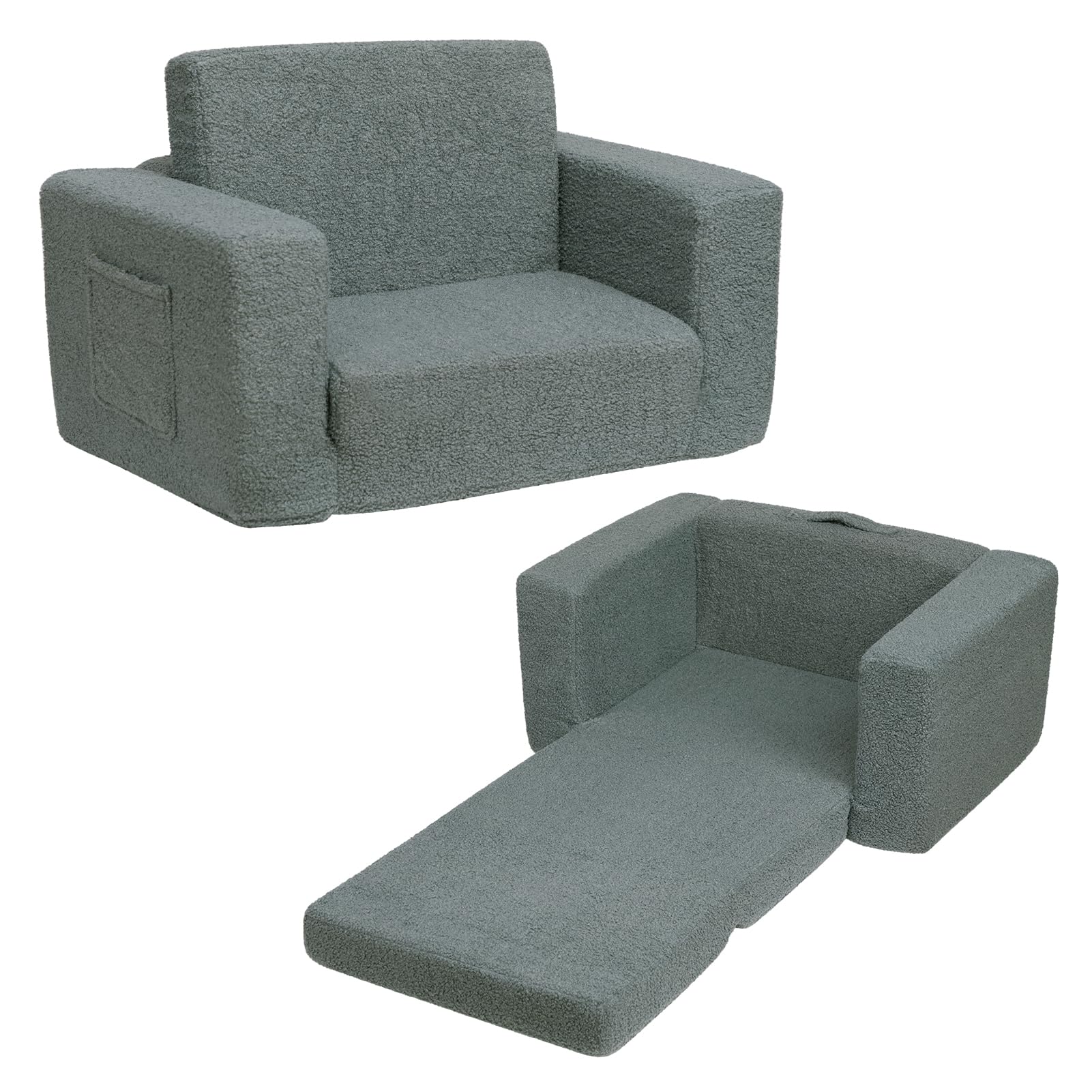 BEJOY Kids Sofa Bed 2-in-1 Fold Out Bed Cuddly Teddy Fur Toddler Couch Convertible Sofa to Lounger Toddler Armchair Kids Chair Children's Day and Birthday Gift for Girls Boys Neutral Grey