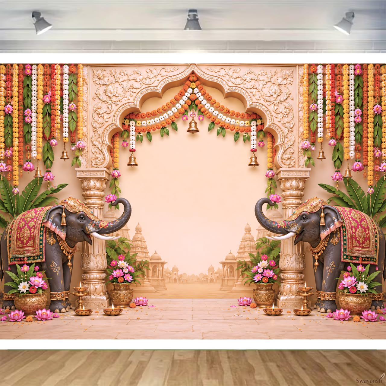 Temple Arch Backdrop Cloth 7 x 5 FT with Elephant & Lotus Design | Mandir Decoration Background Banner | Marigold Flowers & Banana Leaves Fabric Curtain for Pooja, Wedding-image-30