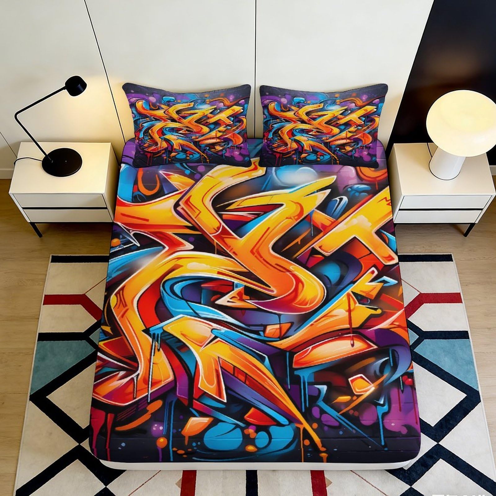 3D Printed Graffiti Art Fitted Sheet Microfiber Soft Vibrant Urban Mattress Cover for Bedroom Dorm Decor Protection 90x200x25cm