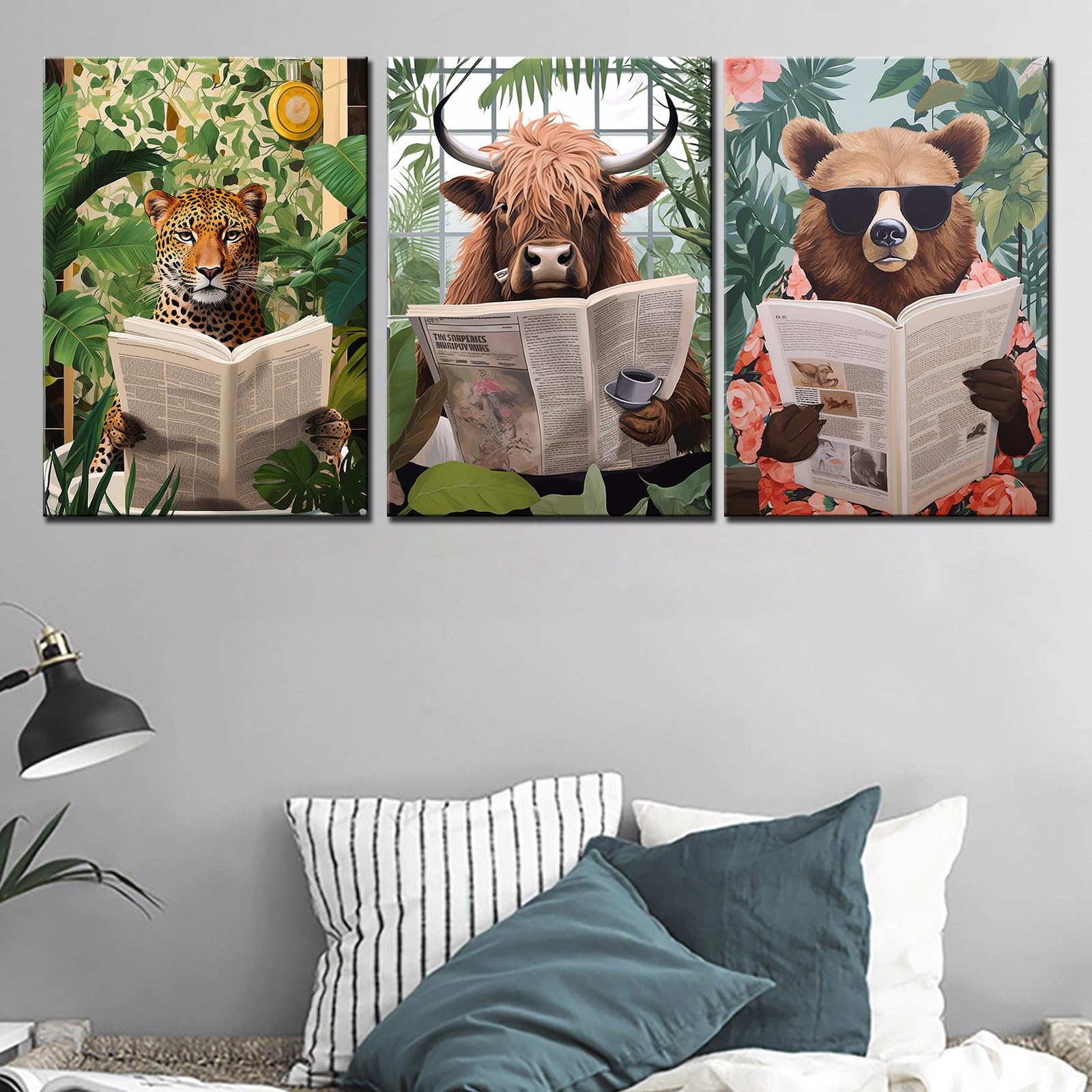 Jungle Bathroom Animal Home Decorations for Living Room Lovely Pictures Cattle Bear Leopard Paintings 3 Pcs Canvas Leaves Art Bathtub Ainmal Artwork Framed Gallery-wrapped Ready to Hang 42''Wx20''H - Image 3