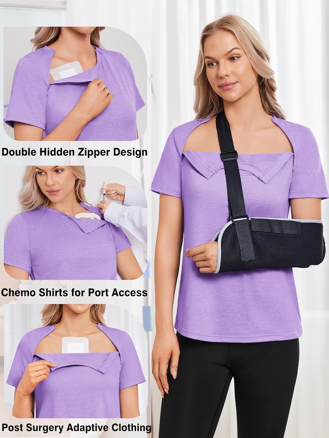Deyeek Chemo Shirts for Port Access Women with 2 Hidden Side Zippers Post Surgery Short Sleeve Tear Away Adaptive Top Tees - Image 4
