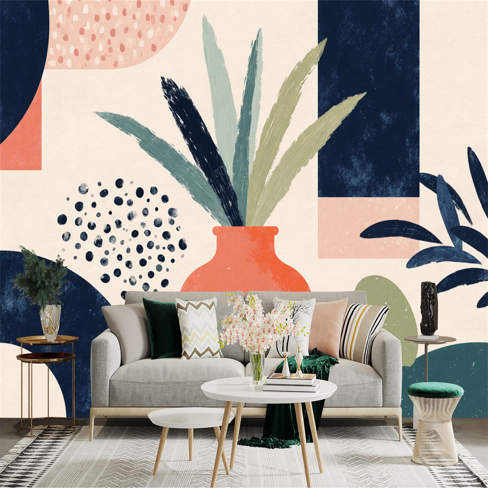 Custom Size Wall Sticker Mural， Abstract Vase with Tropical Leaves， Modern Geometric Shapes， Soft Bohemian Style， for wall Decoration， peelandstick wall Decals.