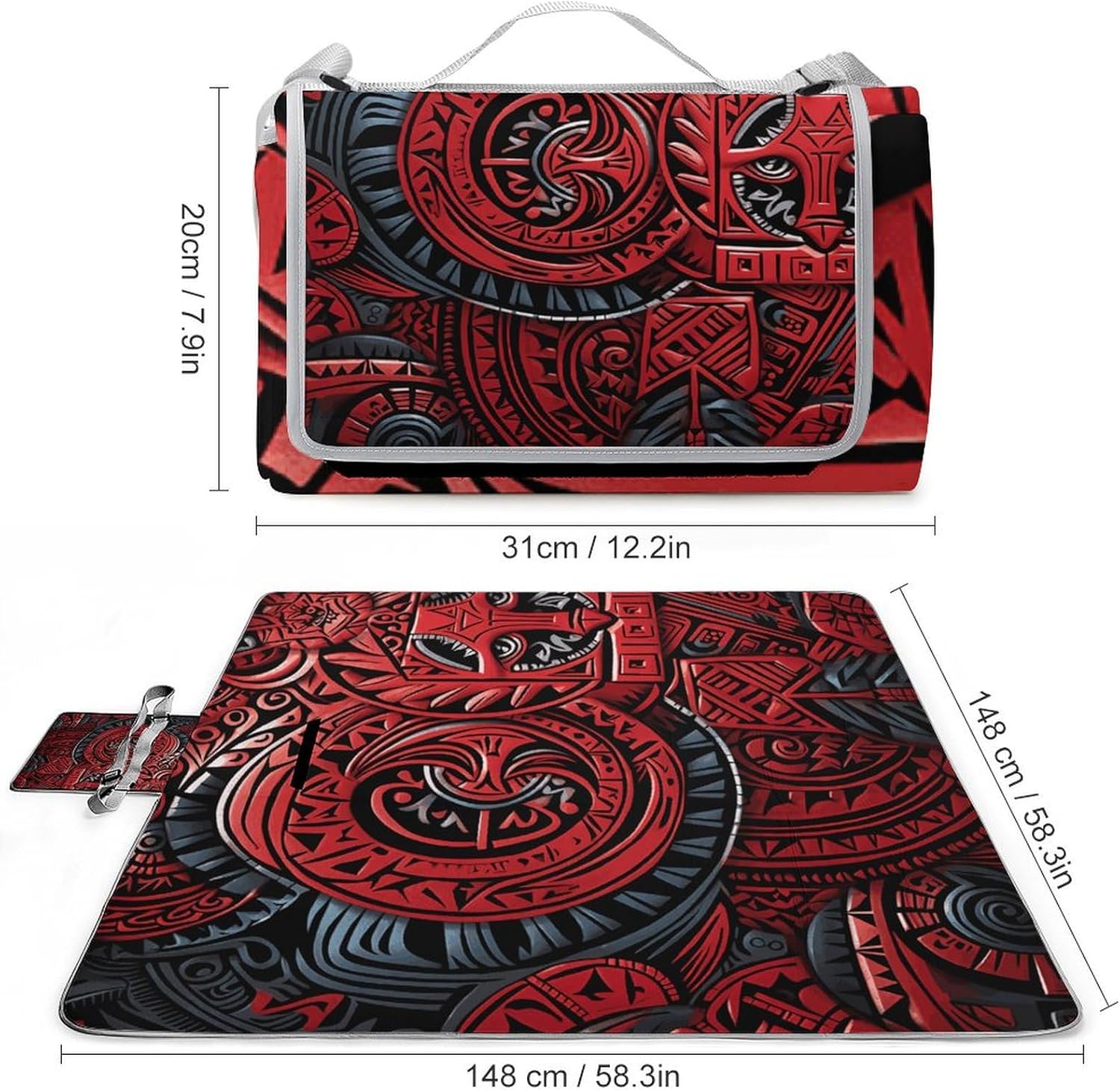Picnic Blankets Red Tribal Pattern Printed Outdoor Beach Blanket Square Picnic Mat Foldable Outdoor Blanket for Spring Summer Camping, Beach, Park, Patio on Grass