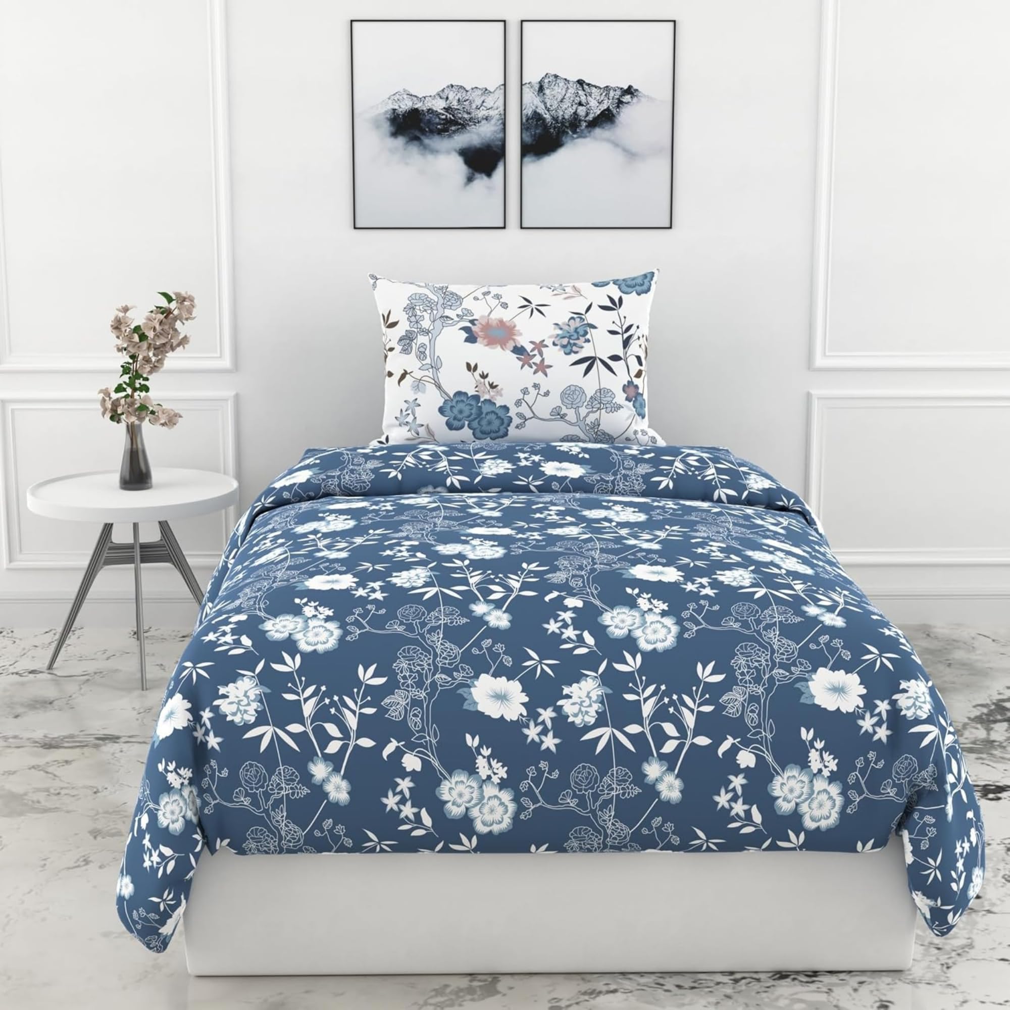 LORETO - A QUALITY LINEN BRAND 144 TC 100% Pure Cotton Bedsheet for Single Bed, 144TC Soft & Breathable Single Bed Sheet with Pillow Cover (Blush Blue Floral Vines, 54 x 84 Inches)