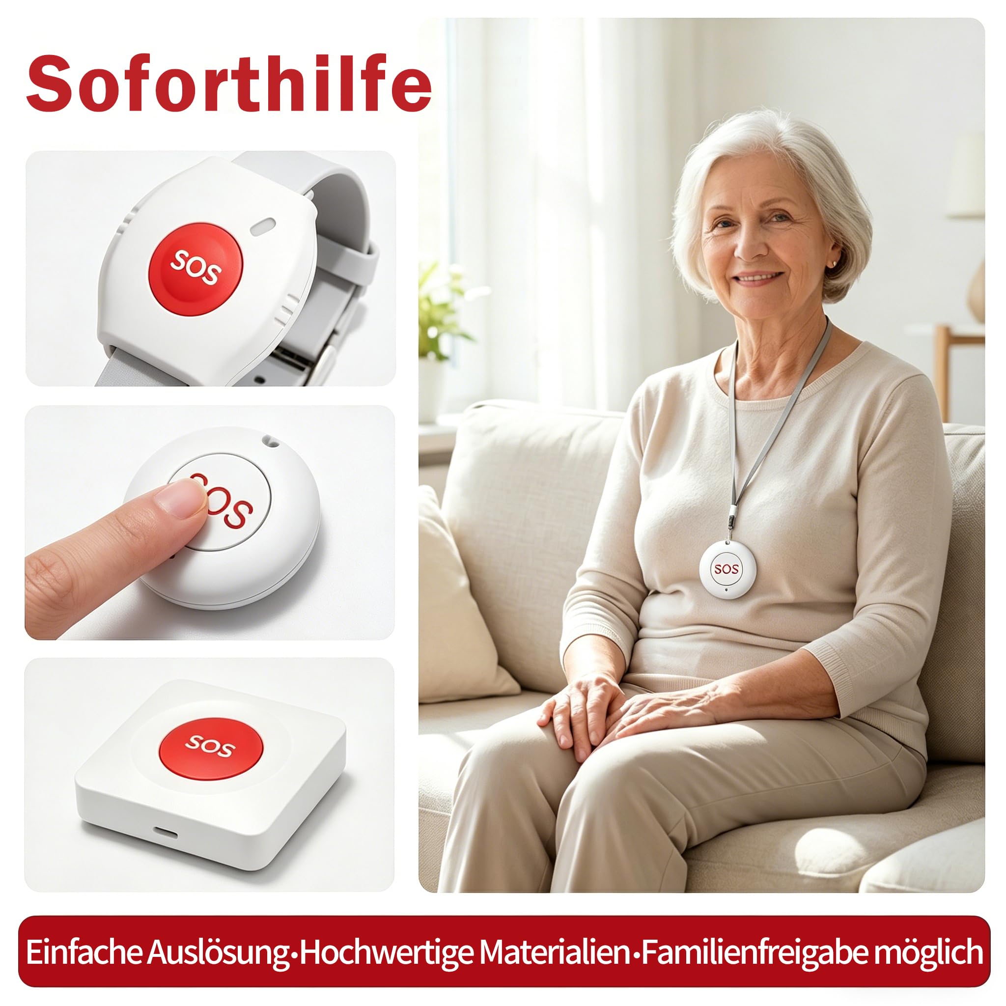 Notrufknopf für Senioren mit WLAN – Nutzung ohne ABO, IP55 wasserdicht, Hausnotruf für Zuhause & Angehörige, interner Hausnotruf mit App-Benachrichtigung, einstellbare Lautstärke (4er-Set)