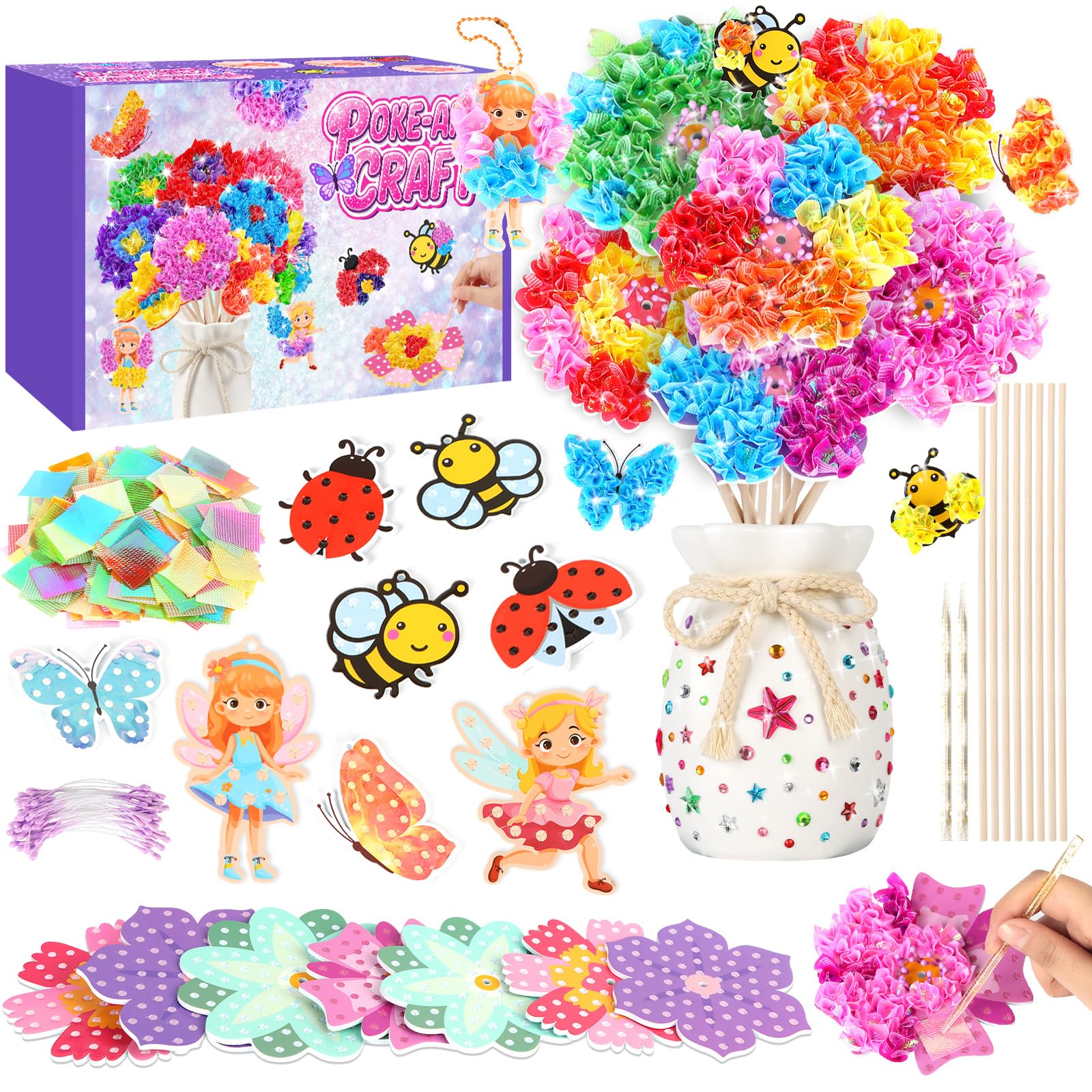 Aragallant 16Pezzi Kit Lavoretti Creativi Per Bambini - Con Vaso & 8 Fiori & 2 Farfalle & 2 Elfi & 2 api & 2 Insetti, Fiori Fai Da Te per Bambine 4 5 6 7 8 Anni, Regali per Bambini e Bambine per Comp