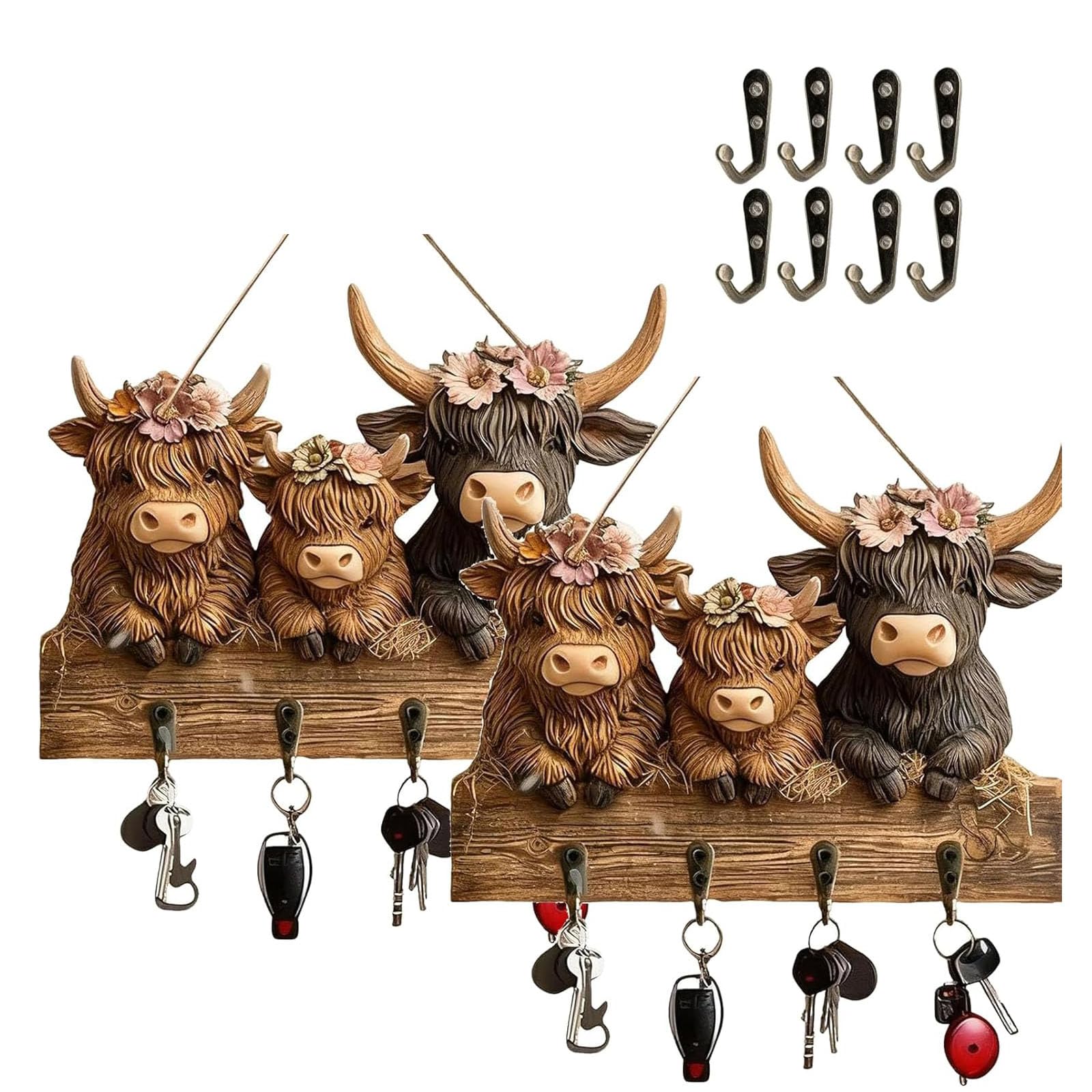 HOUKUNKA Highland Cattle Ornaments Key Holder, Wall Mount Farmhouse Rustic Highland Cow Wooden Key Holder with 4 Metal Hooks, Cow Wall Decorative Key Rack for Entryway Hallway Farmhouse (2PCS)