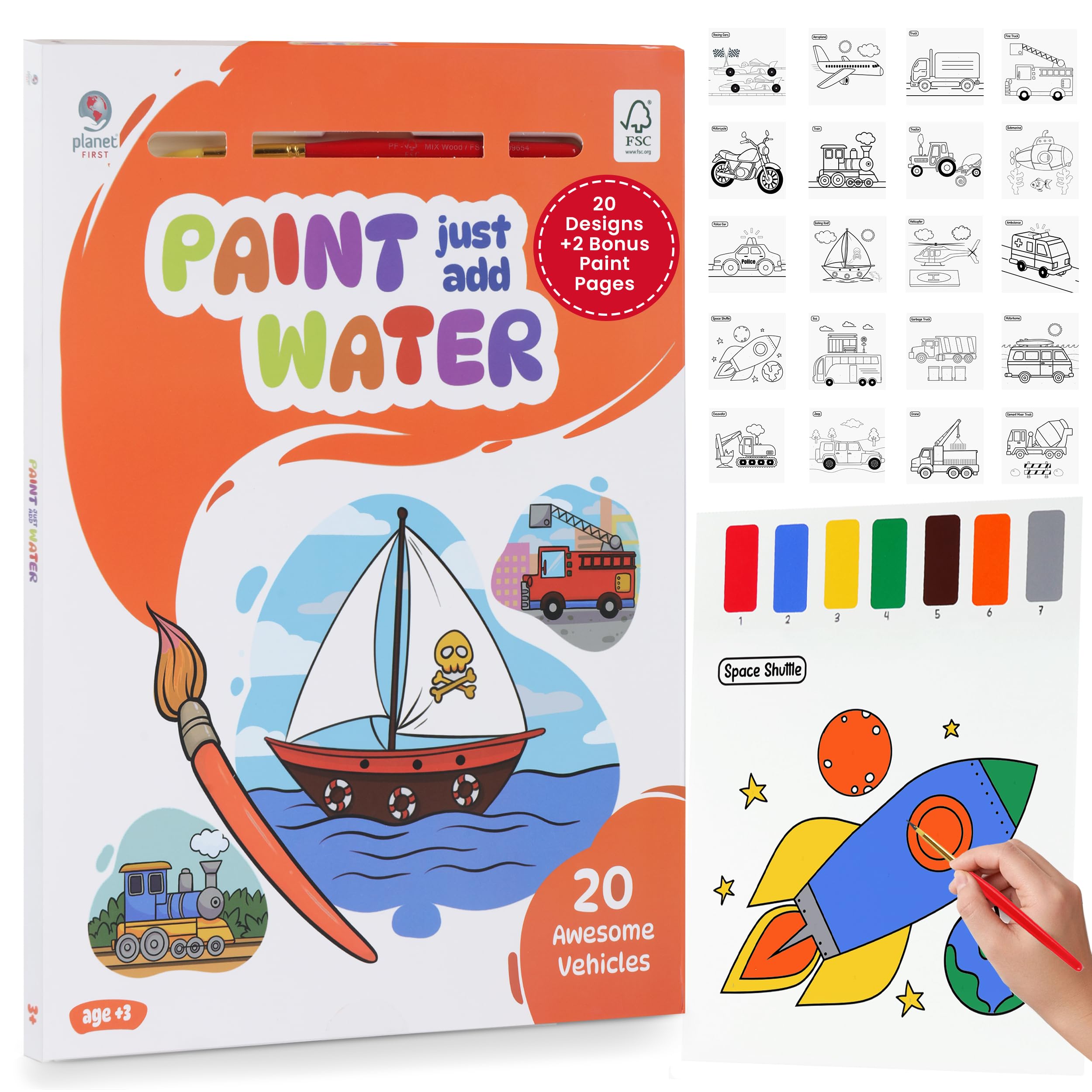 Paint Just Add Water Books for Kids – Watercolor Painting Book with Brush, Includes 20 Activity Pages & 2 Extra Paint Pages, Low-Mess Paint-by-Number Art for Ages 3–8 (Vehicles Watercolor Painting)