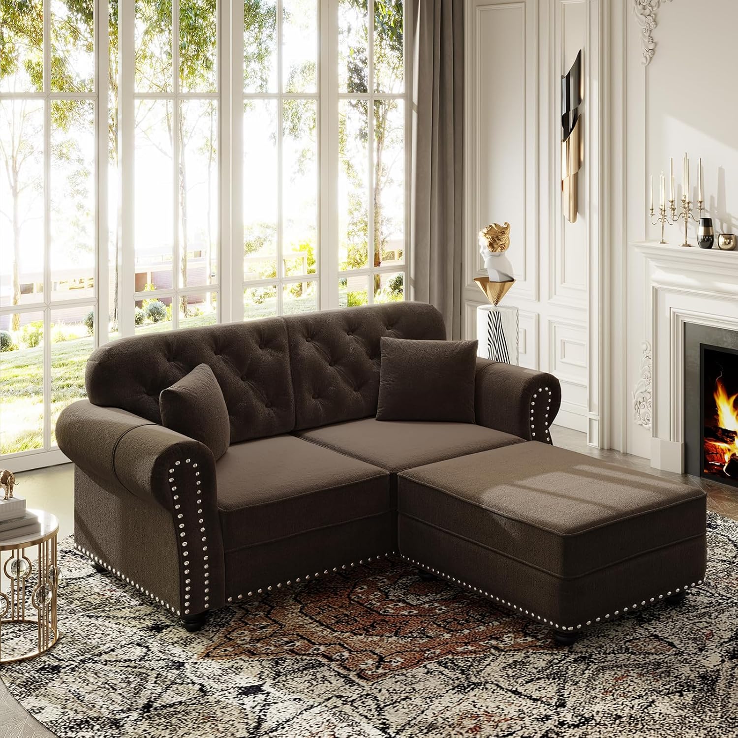4 Pieces Chesterfield Sofa Set with Ottoman, 1& 2& 3 Seater Comfy Tufted Velvet Couch with Rolled Arms & 6 Pillows, Mid Century Modern Couch and Loveseat, Vintage Living Room Sets Furniture (Brown)