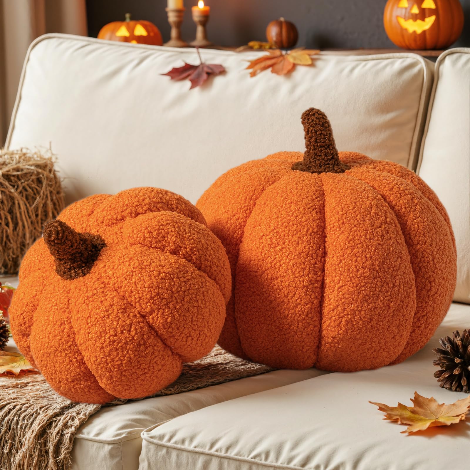 lanpn fall pumpkin pillows set of 2 halloween decoration plush throw pillows soft fleece sherpa cute 3d shaped cushion for sofa couch bedroom autumn thanksgiving orange 126x87in amp 9x59in