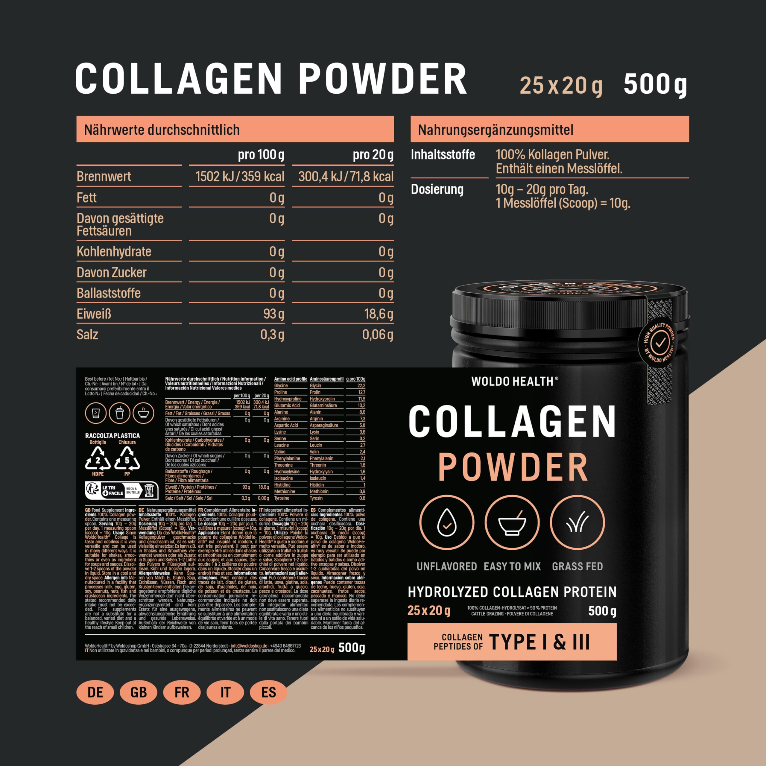 WoldoHealth Kollagen Pulver 500g Typ I & III - Hydrolysiertes Collagen Protein Peptide, Rinderkollagen aus Weidehaltung, Geschmacksneutral & Leicht Löslich, Ohne Zusatzstoffe | Leicht löslich in Kaffee, Tee, Shakes und Smoothies, 25 Portionen
