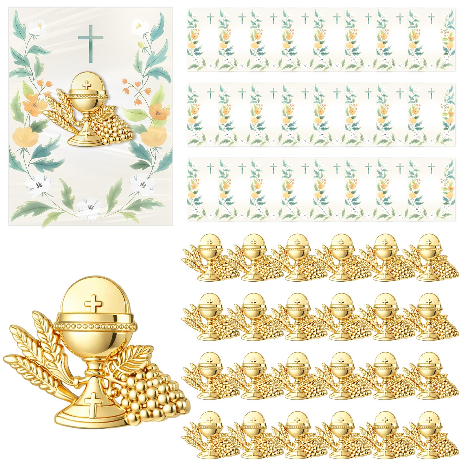 Kigeli 25 Set First Communion Lapel Pins with Gift Card Gold Enamel Pins Bulk Minister Catholic Religious of Holy Communion Pin Christian Inspirational Lapel Pin for Women Gifts