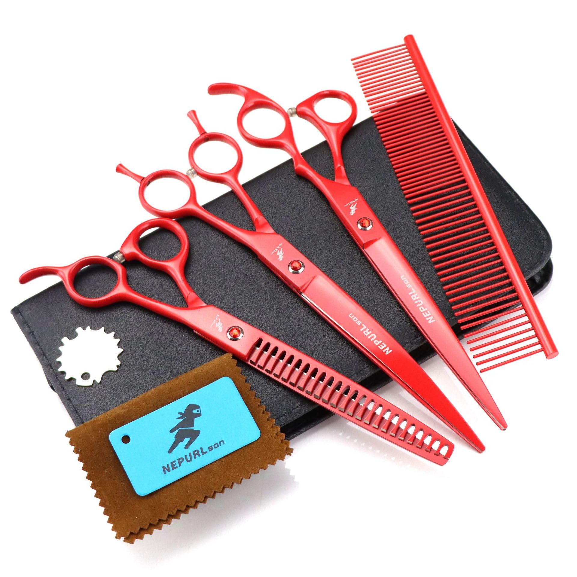 Professional 8.0-Inch Dog Grooming Shears Set,Red 440C Steel 3-Piece Kit with Straight, Curved, and Thinning Scissors for All-Breed Groomers,Comb and Storage Case,Wide