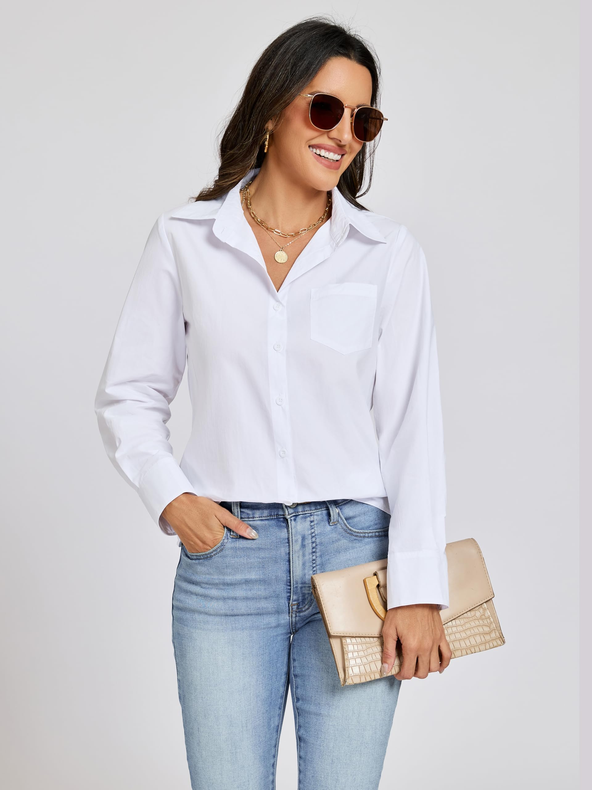Chemisier Femme Chic et Élégant Coton 100% Chemisiers Manches Longue Boutons Haut Confortable Business Office Top