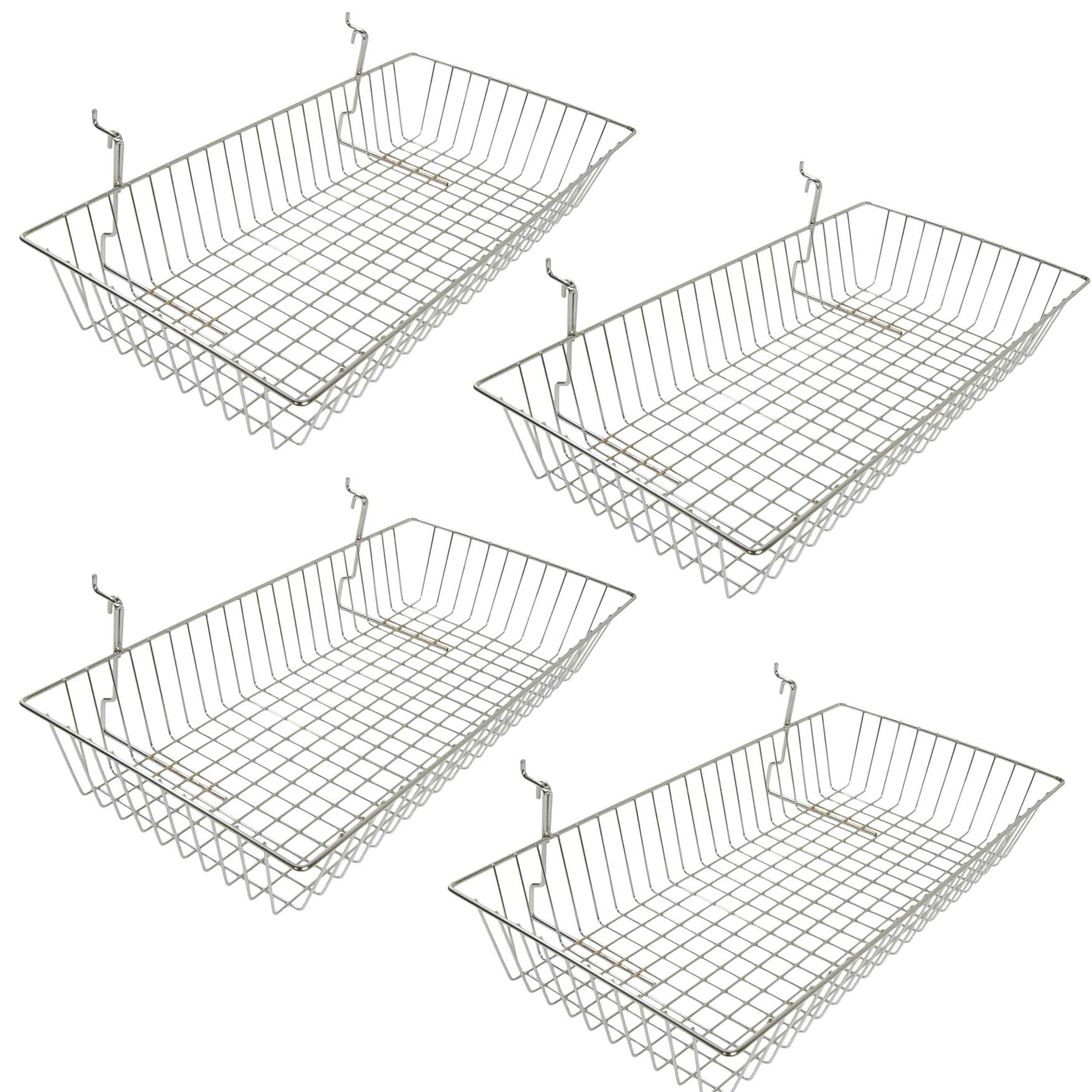 PACK OF 4. Chrome Slatwall Shelves & Baskets - 60 x 30 x 10cm. Gridwall/Slatwall Shallow Multifit Basket – W600mm / 24″ Large 600mm wide chrome multi-fit basket.