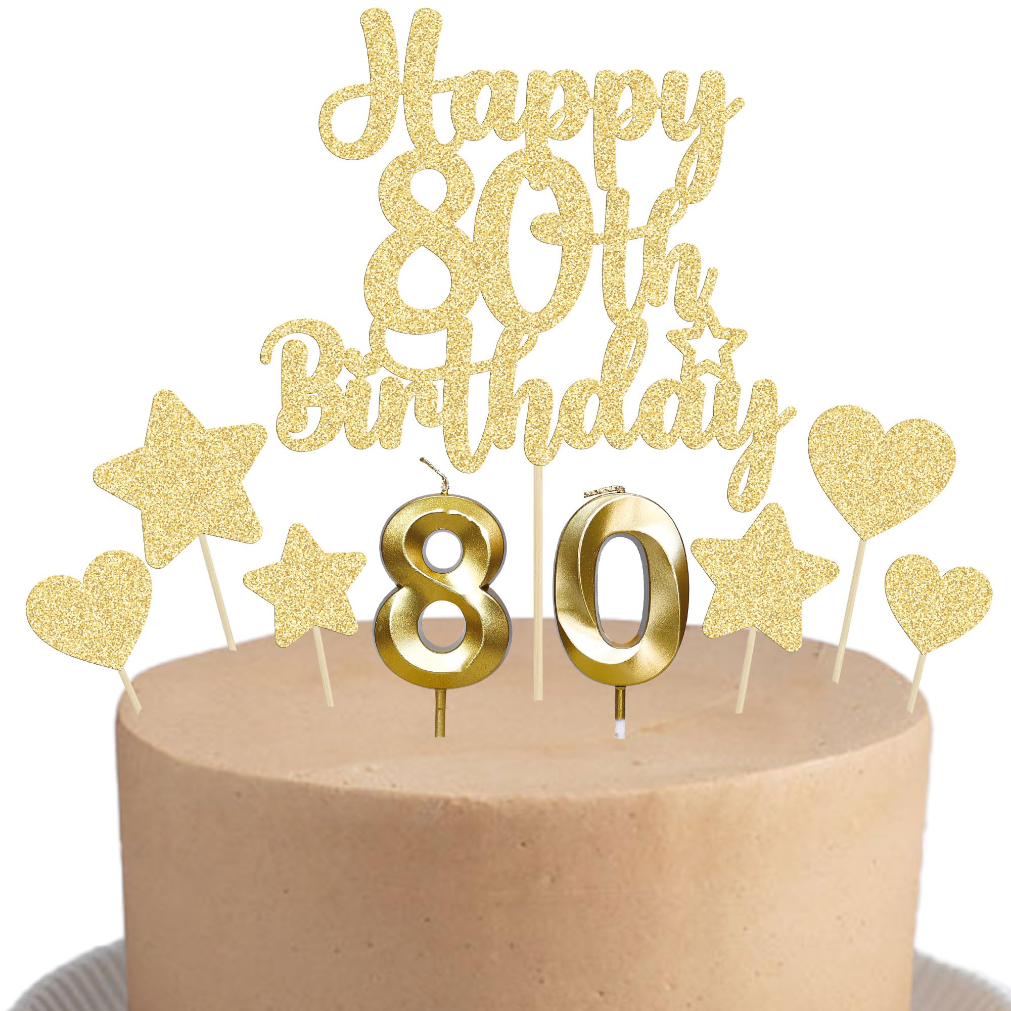 Gyufise 15Pcs Happy 80th Birthday Cake Topper Set with Heart Star Glitter Cheers to 80 Years Cake Picks Number 80 Candles Cake Decorations for Happy 80th Birthday Anniversary Party Supplies Gold