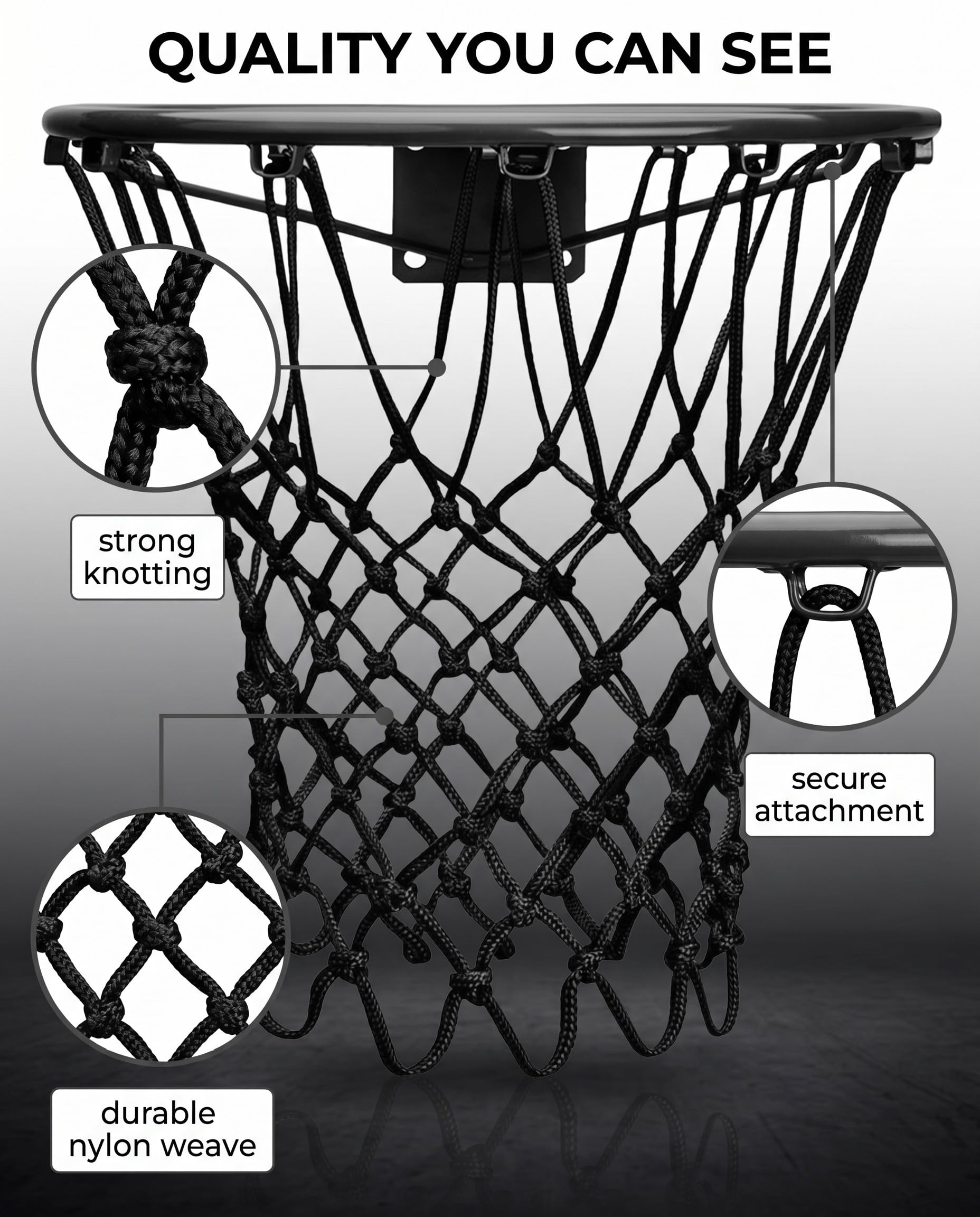 1 pièce Filet de Basket-Ball de Rechange très résistant, filet panier basket extérieur, qualité Professionnelle sur Terrain, s'adapte à la Jante Standard extérieure et intérieure (Noir)
