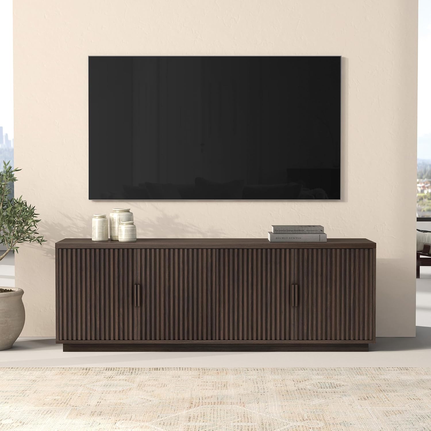 Henn&Hart Fluted TV Stand for TVs up to 75'' with 2 Concealed Ribbed Storage Cabinets, Adjustable Shelves, and Cable Management Cut-Outs for Living Room, Family Room, or Office, Satin Walnut