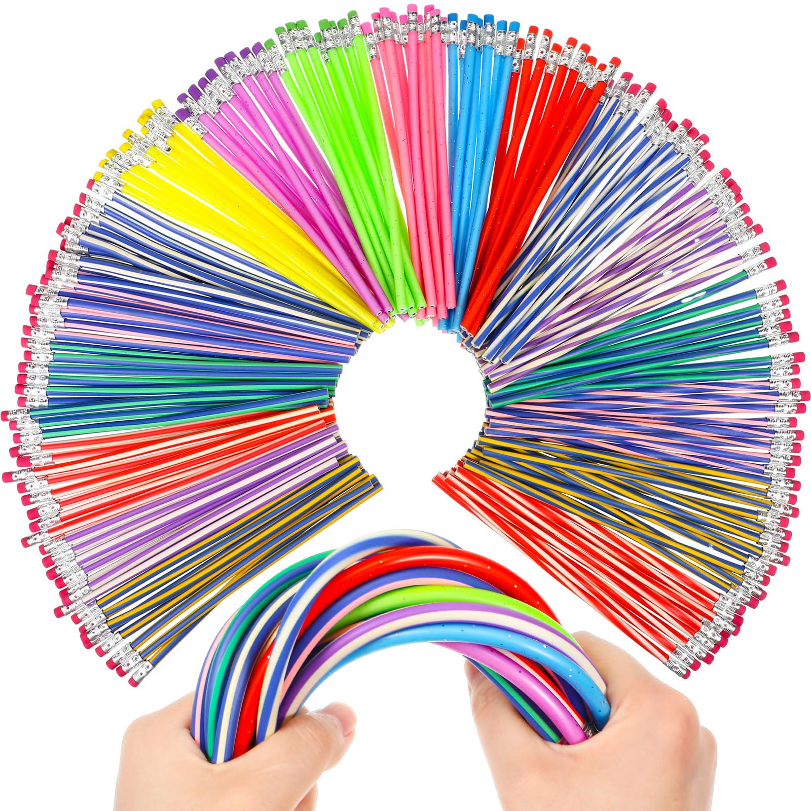 Ctosree 300 Pcs Colorful Bendy Pencils 3 Styles Flexible Soft Bendable Pencils with Eraser for Kids Students School Classroom Supplies Party Favor Novelty Gifts and Reward