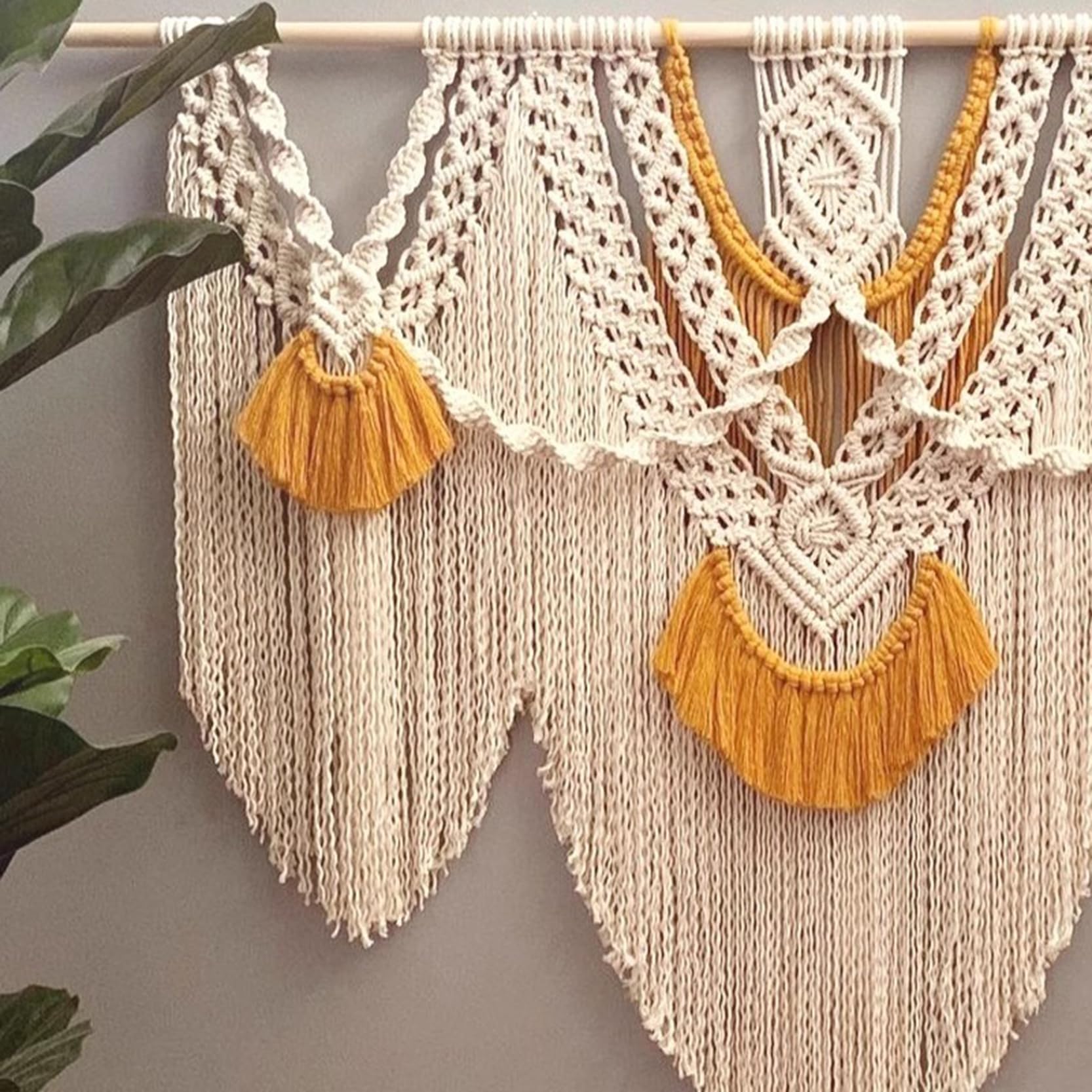 Makrama ścienna duża beżowa/pomarańczowa, makrama gobelinowa dekoracja ścienna boho, ręcznie robiona bawełniana lina frędzle wiązanie dekoracja ścienna do sypialni,Beige-110 x 100 cm