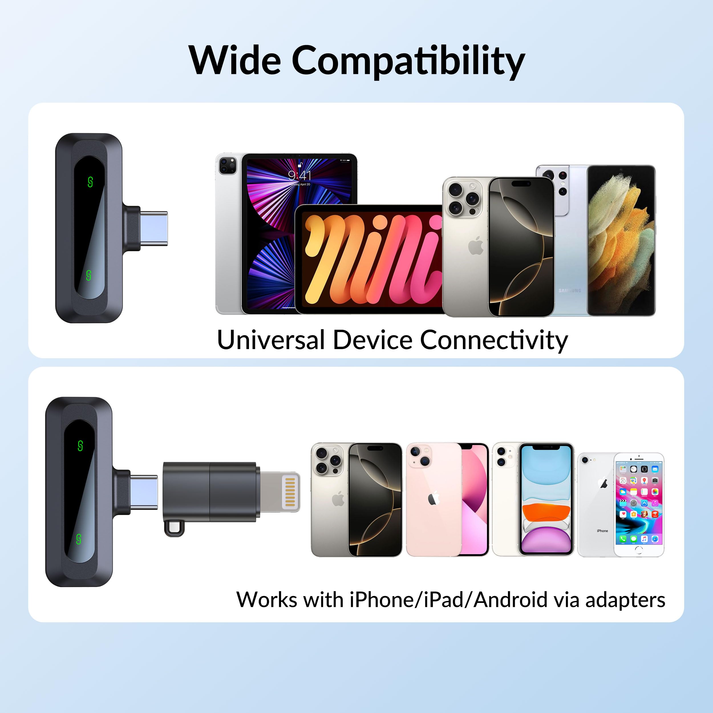 Microfono Lavalier Wireless per iPhone USB-C con Riduzione Rumore LED