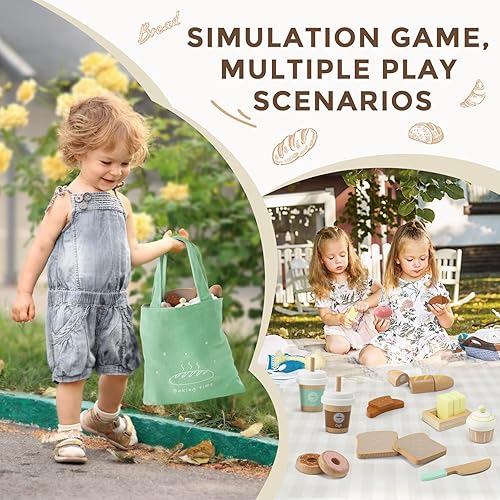Miniatura 5 de 17 piezas de juguete de panadería de madera para niños, comida de juego de pícnic para niños pequeños de 3 años, accesorios de cocina con bolsa de