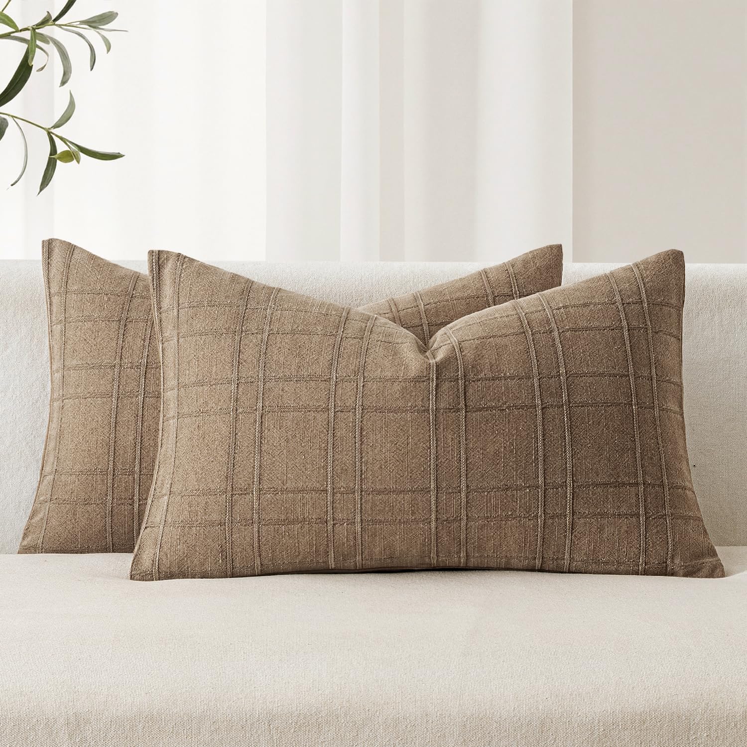 MIULEE Linen Plaid Pillow Covers Fall Decorative Lumbar 12x20 Light Brown