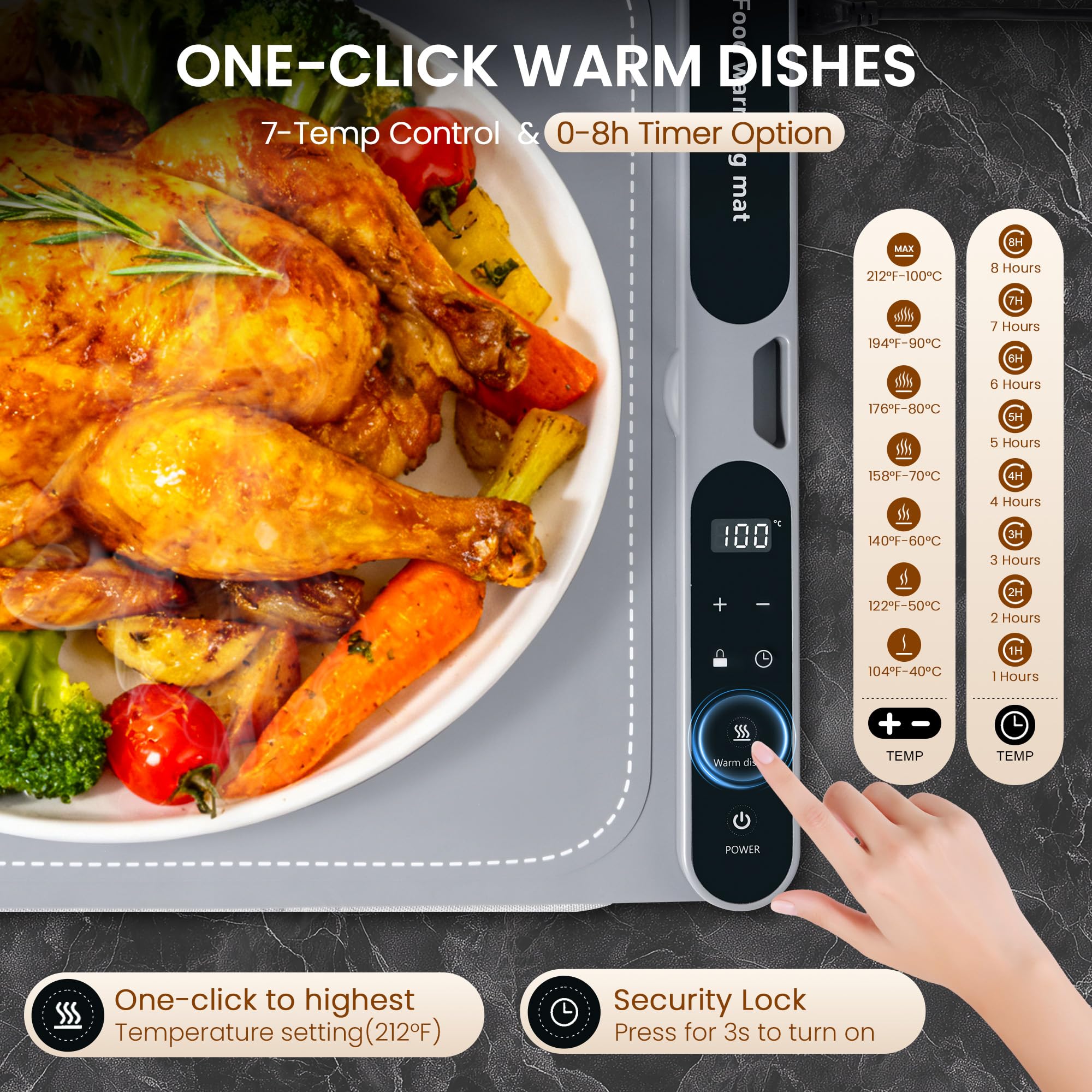 Grande vassoio scaldavivande con timer regolabile e controllo della temperatura | 80 cm tappetino scaldavivande con blocco di sicurezza e cuscinetto resistente al calore 01