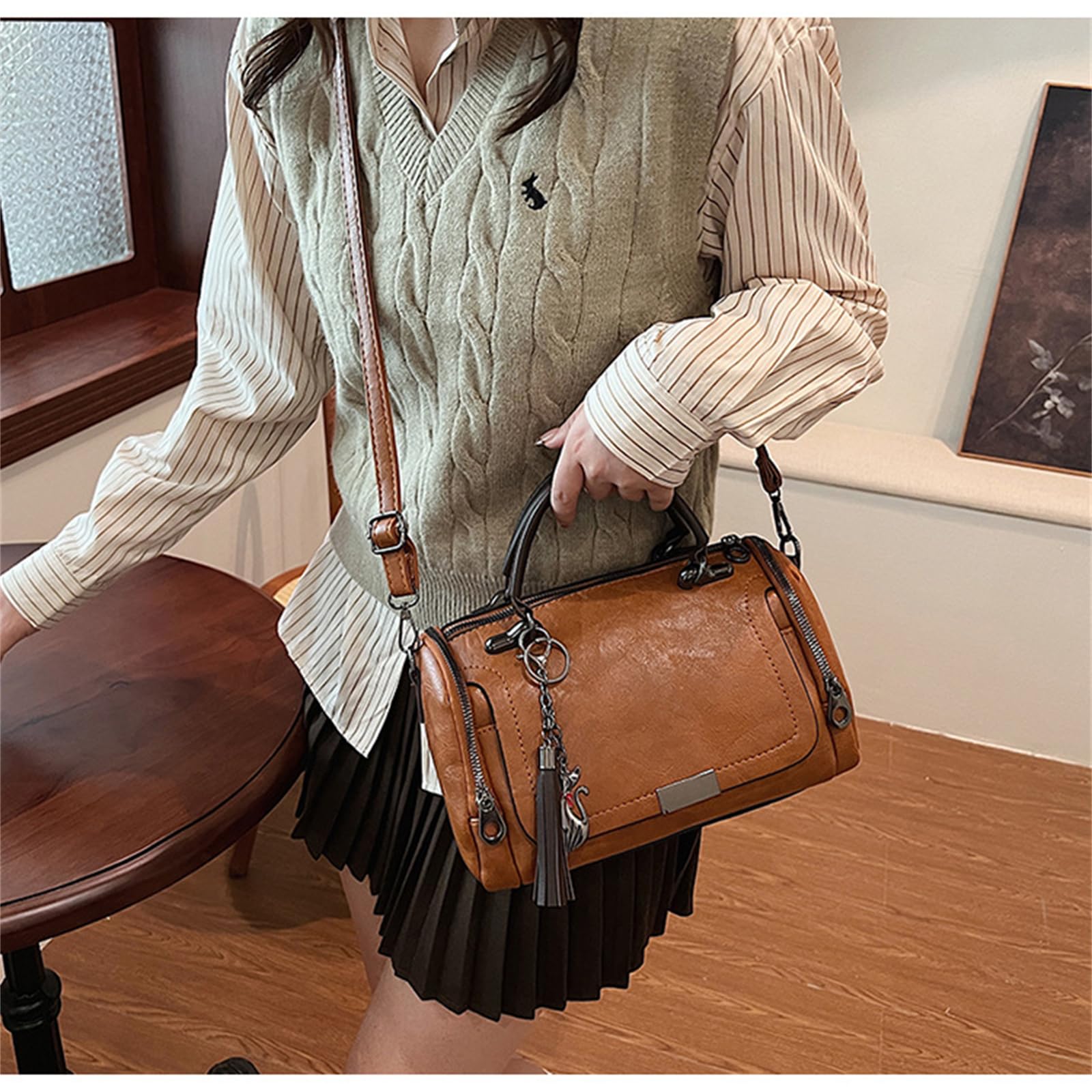 Borsa da Donna A Tracolla in Stile retrò con Grande capacità-Marrone