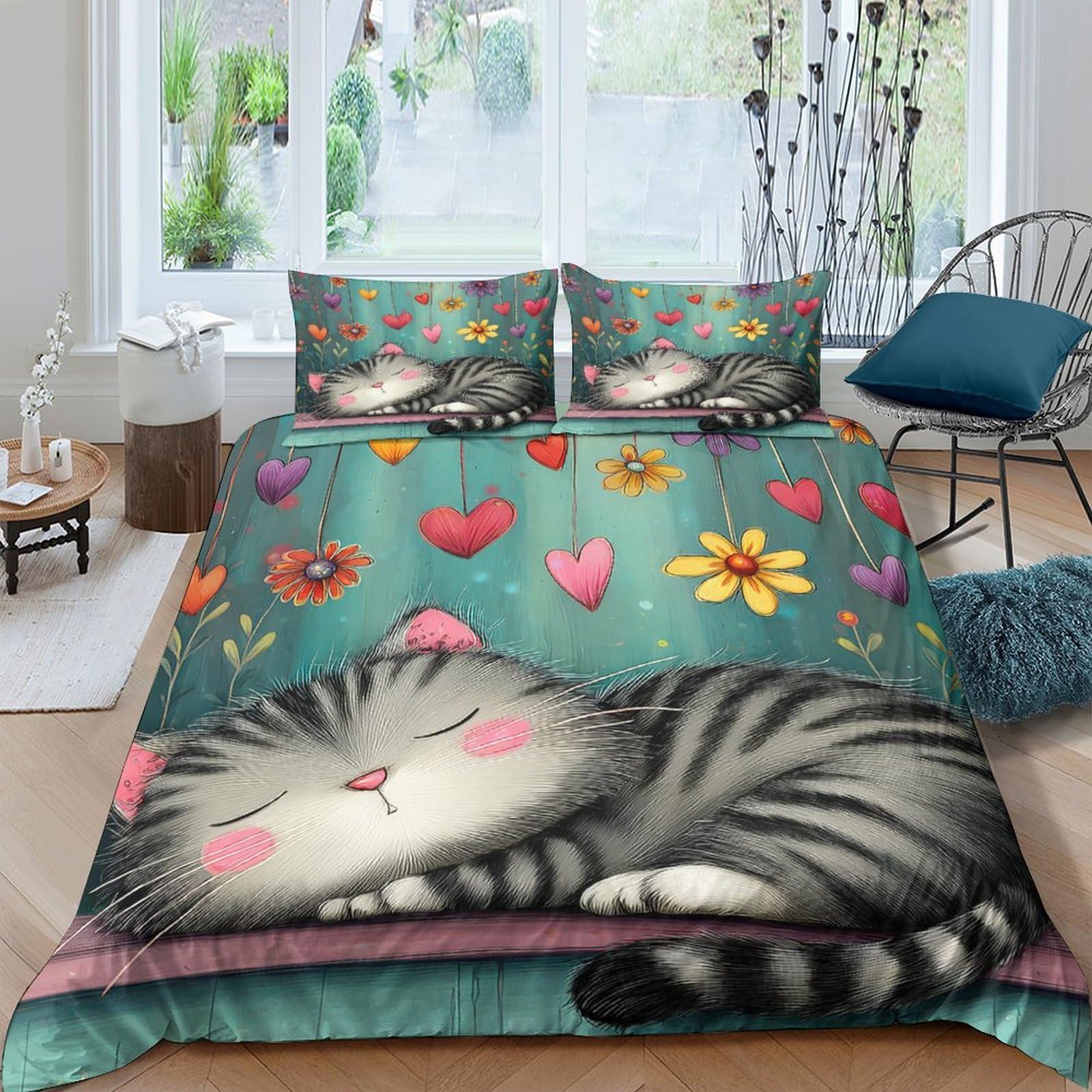 Ctjqhvkz Style-9 3D Printed Sleeping Cat Fitted Sheet Microfiber Soft Cartoon Flower Heart Bed Cover For Bedroom Guest Room Decor Single（135X200cm）