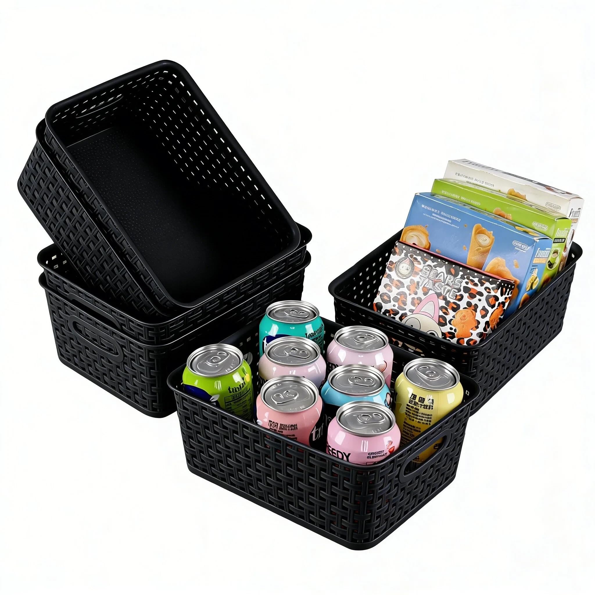 Udotry 6 Pack Plastic Weave Storage Basket Small Rattan Organizer Box Black