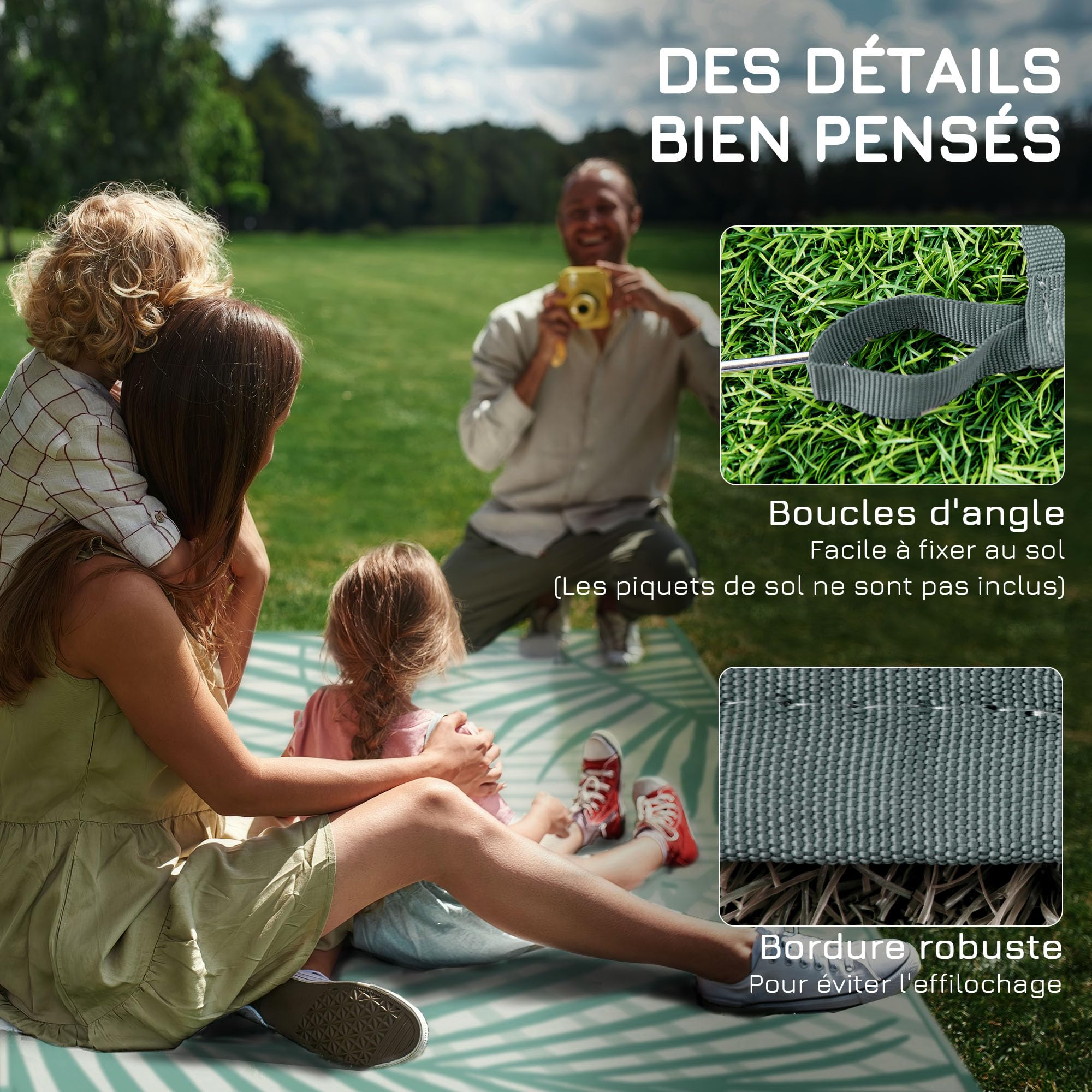 Outsunny Tapis de Jardin Tapis d'extérieur réversible 365L x 274l cm imperméable Motif Feuillage avec Sac de Transport pour terrasse Balcon Camping, Vert crème