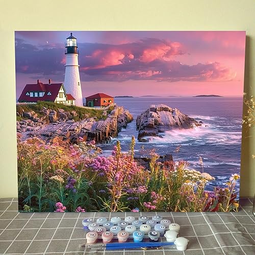 Miniatura 8 de Kit de pintura de luz por números con pinceles, pintura al óleo acrílica de roca junto al mar pacífica para adultos y niños, imágenes de paisajes