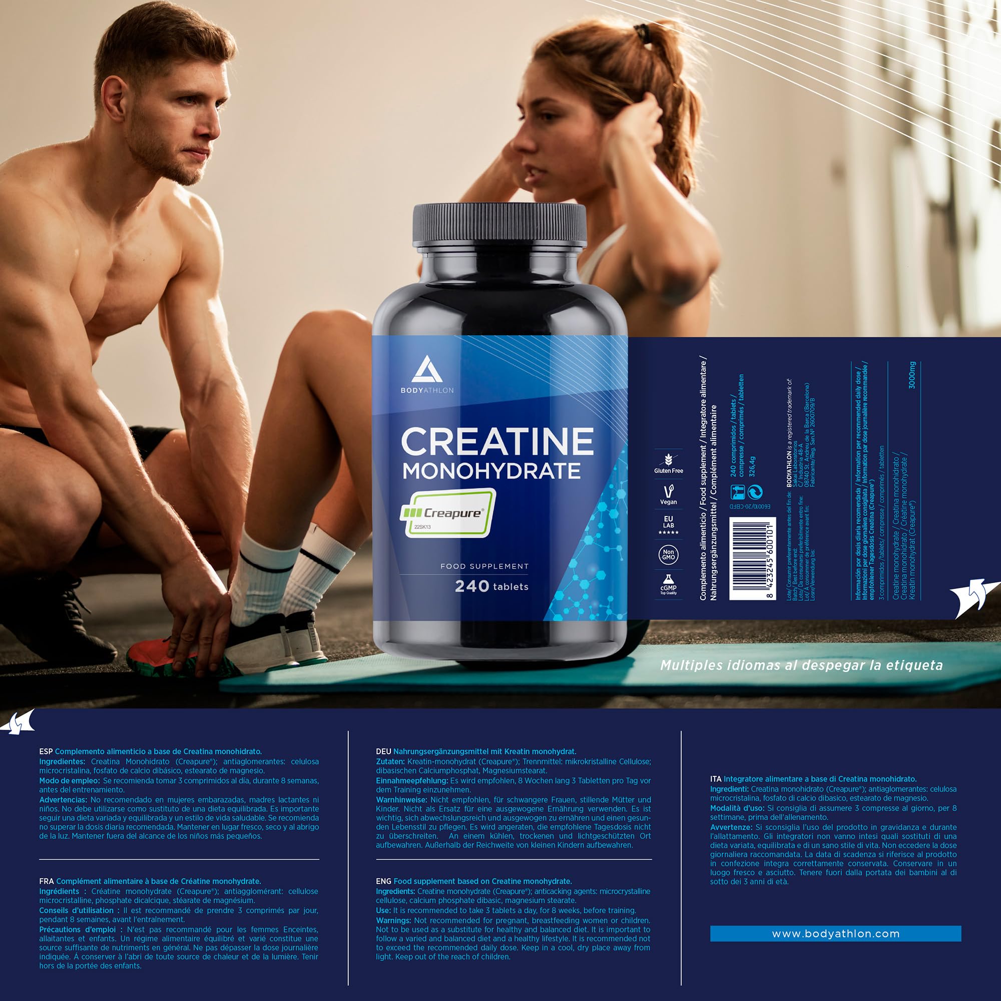 Creatina CREAPURE Monohidrata 240 comprimidos- Calidad garantizada, Vegano- Aumenta tu masa muscular fuerza y resistencia - Creatina Monohidratada Pura 3000mg- Comprimidos solubles- Bodyathlon