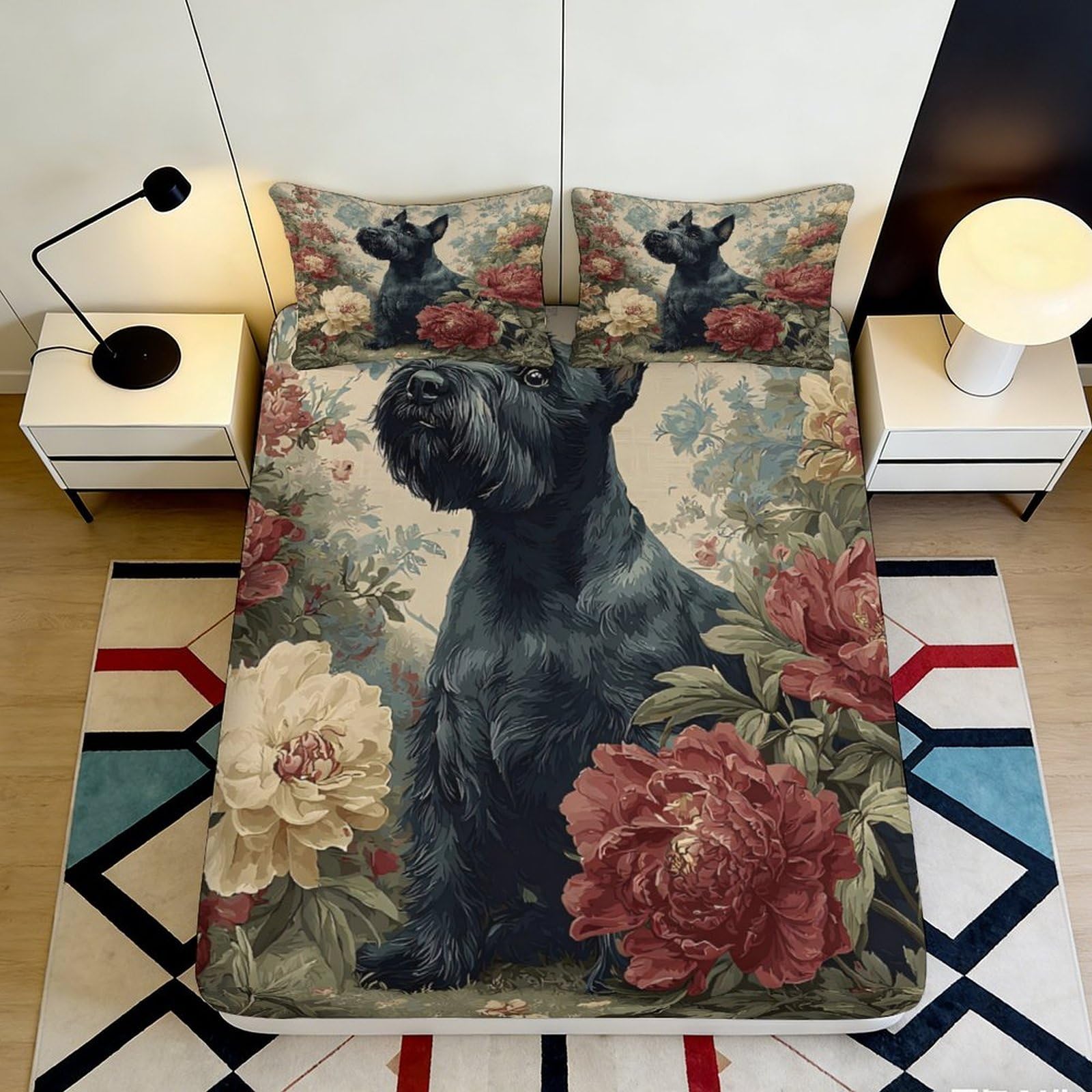 Uxinyoume Style-4 3D Printed Black Dog Floral Fitted Sheet Microfiber Soft Non Slip Mattress Cover Bedroom Decor Machine Washable 90X200x25cm