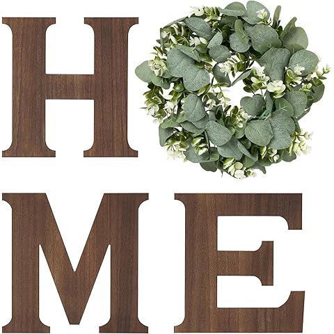 Mkono Farmhouse Wall Home Sign with Artificial Eucalyptus for O Rustic Wooden Hanging Letters Decorative Wall Art Decor for Living Room Kitchen Entryway Housewarming Gift, Brown