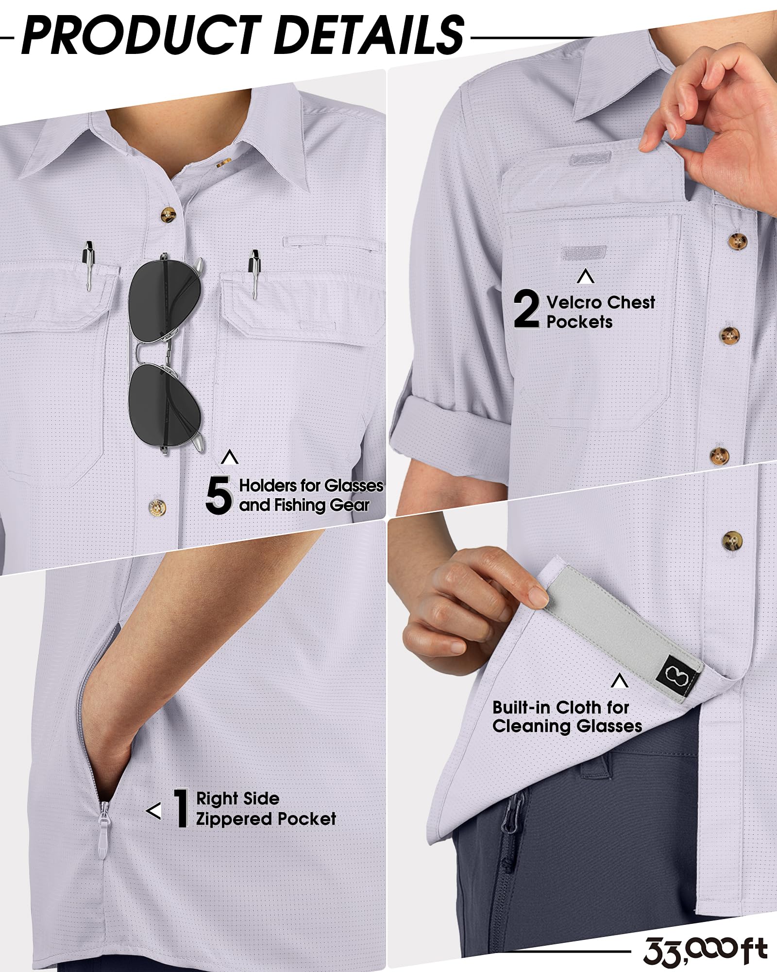 33,000ft Camicia da donna UPF50+, protezione UV, ad asciugatura rapida, per il tempo libero, a maniche lunghe, funzionale, per pesca, safari, viaggi, golf