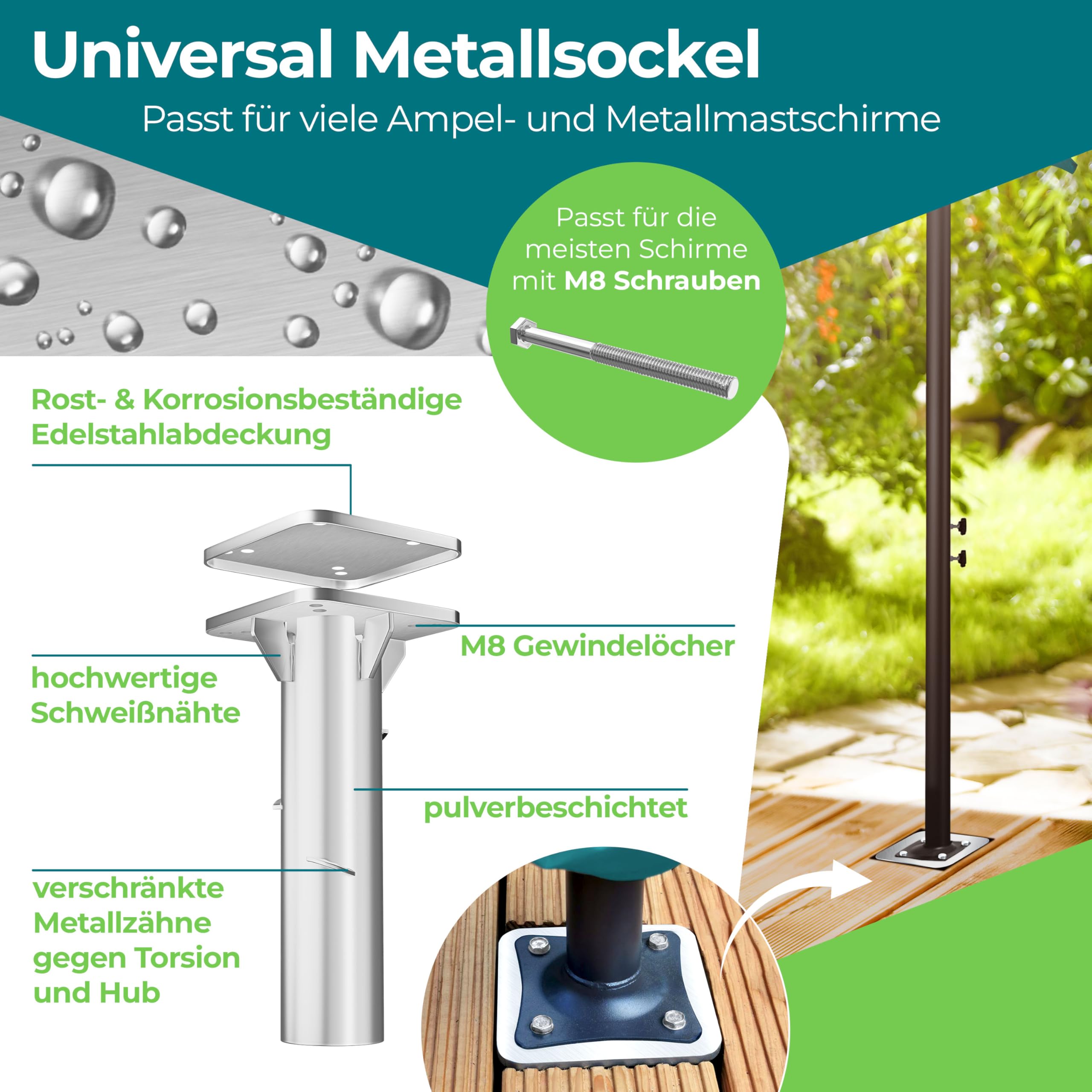 KESSER® Metall Universal-Bodenplatte | Sonnenschirmständer für Sonnenschirm & Ampelschirm | Bodenhülse für Kurbelschirm | Sonnenschirm-Schirm-Ständer | Bodenanker inklusive Handschuhe | Silber