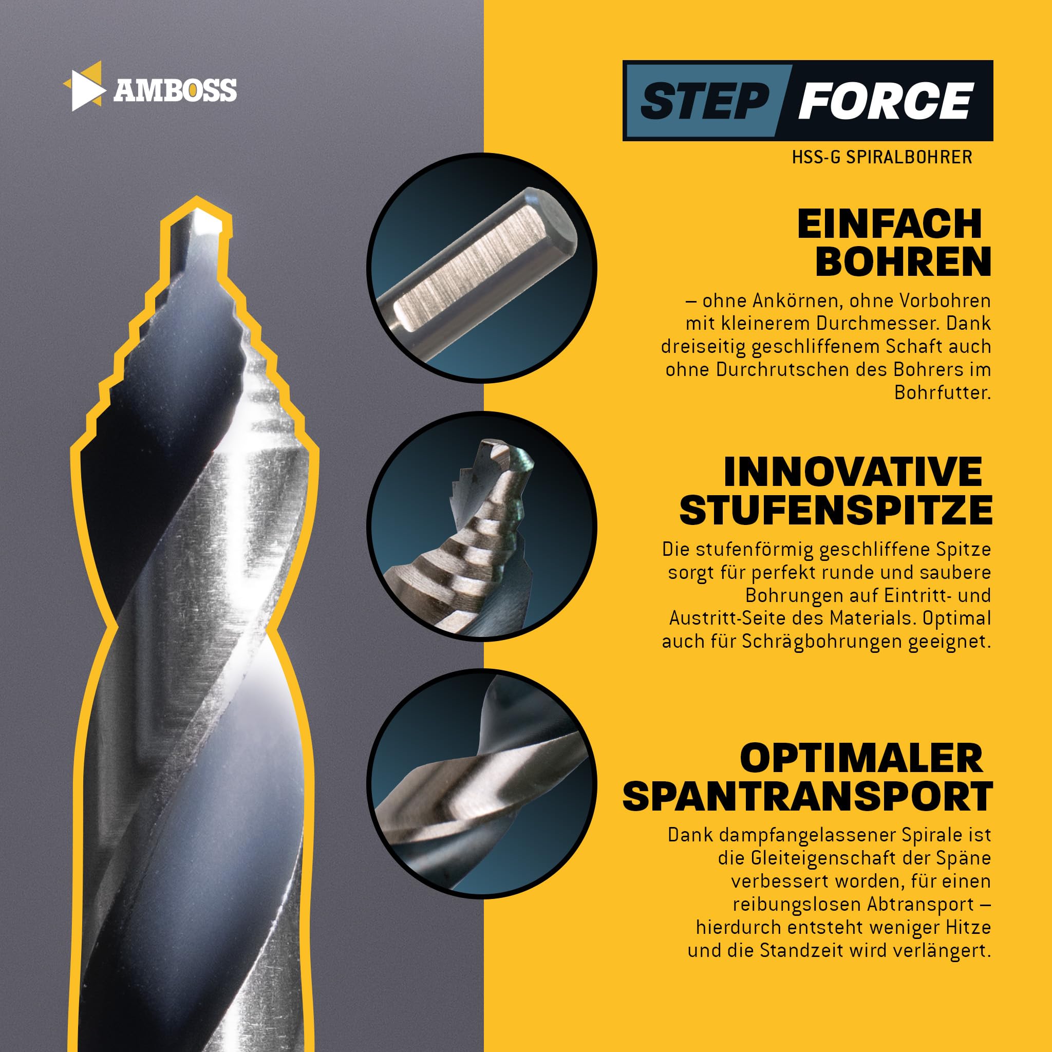 10x Spiralbohrer Step Force Ø5.0 mm - HSS-G DIN 338 für Stahl, Baustahl, Alu, Buntmetalle AMBOSS WERKZEUGE® Bohrer Bleche, Profile - Sechskant f. Bohrmaschine, Akkubohrer, Standbohrmaschine