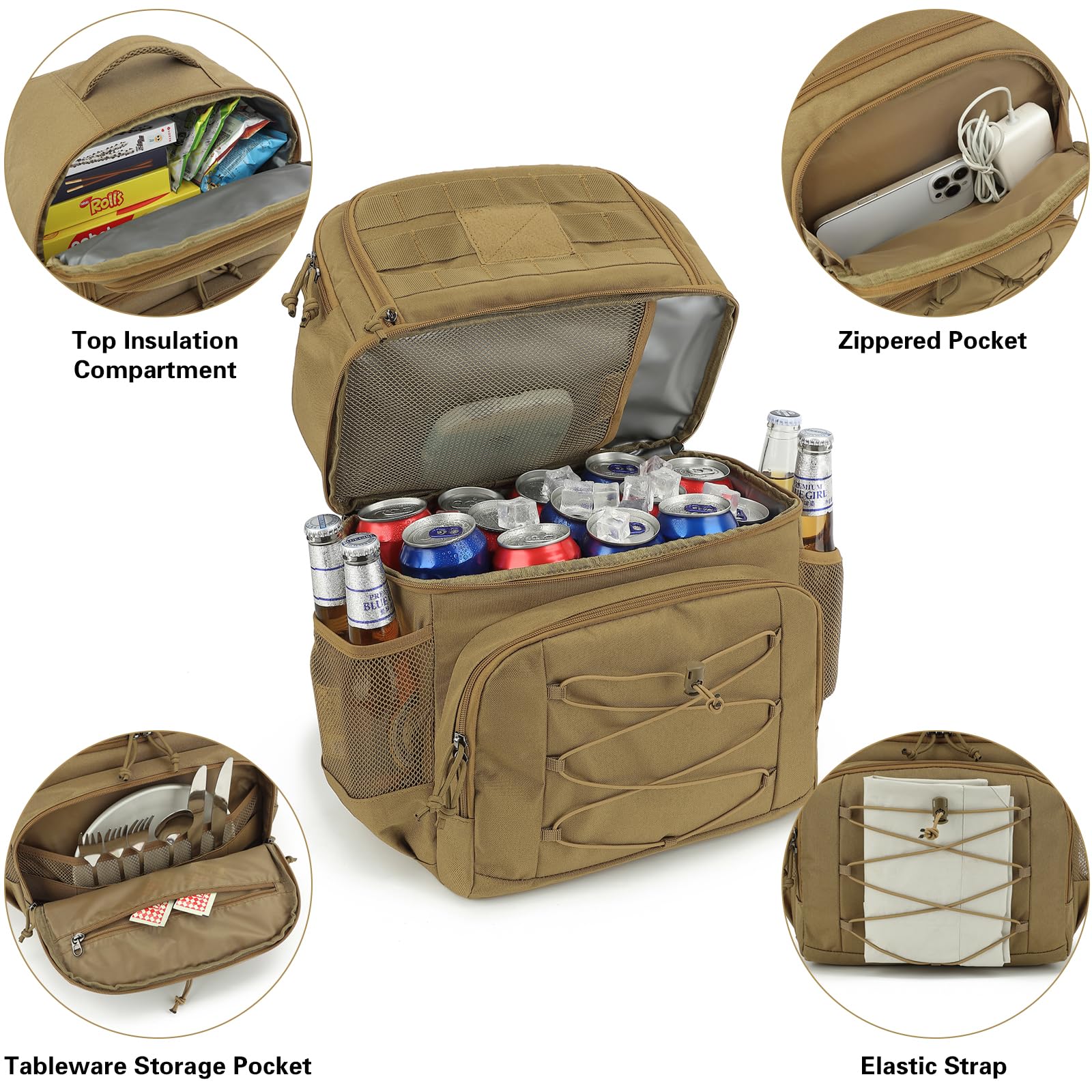 Mochila Nevera Táctica 20L Mochila Termica Pequeña con doble compartimento para hombre y Mujeres Prueba de Fugas Bolsas Isotermica para Trabajo , Playa, Picnics, Campingaz, Marrón