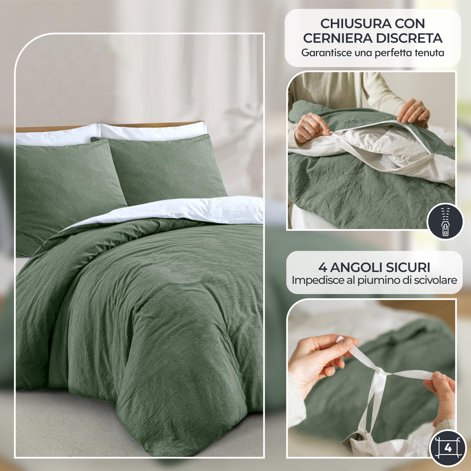 Dreamzie 2 Copripiumino Singolo Cotone 135x200 cm con 2 Federe 80x80 cm - Verde Set Copripiumino Singolo 135 x 200 con Chiusura Lampo, Consistenza Simile al Lino Slavato Pietra