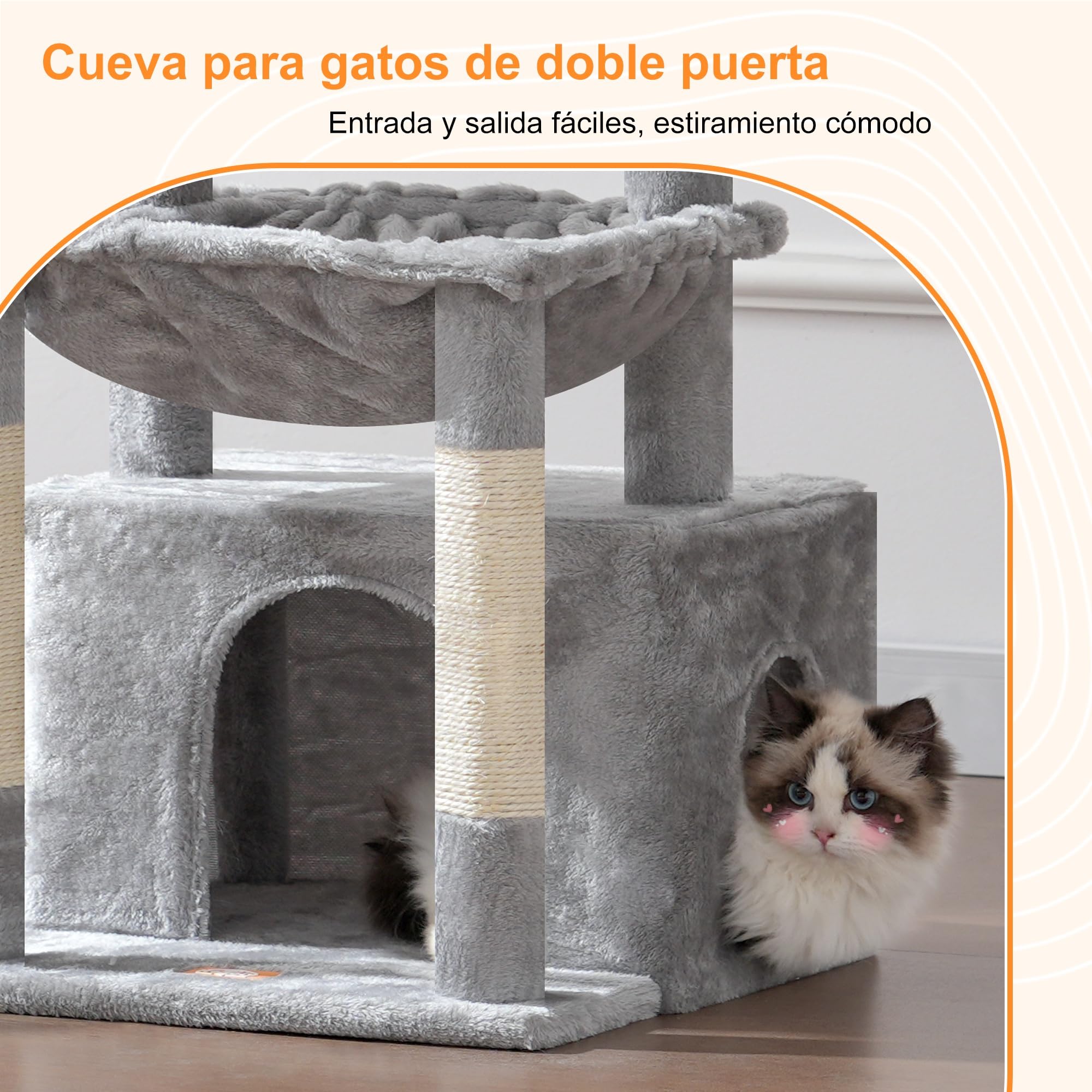 Heybly Árbol para Rascarse de Gatos, Árbol con Cesto Extra Grande y Suave, Cama Espaciosa y Lugar de Dormir Escondido, Gris Claro HCT008SW