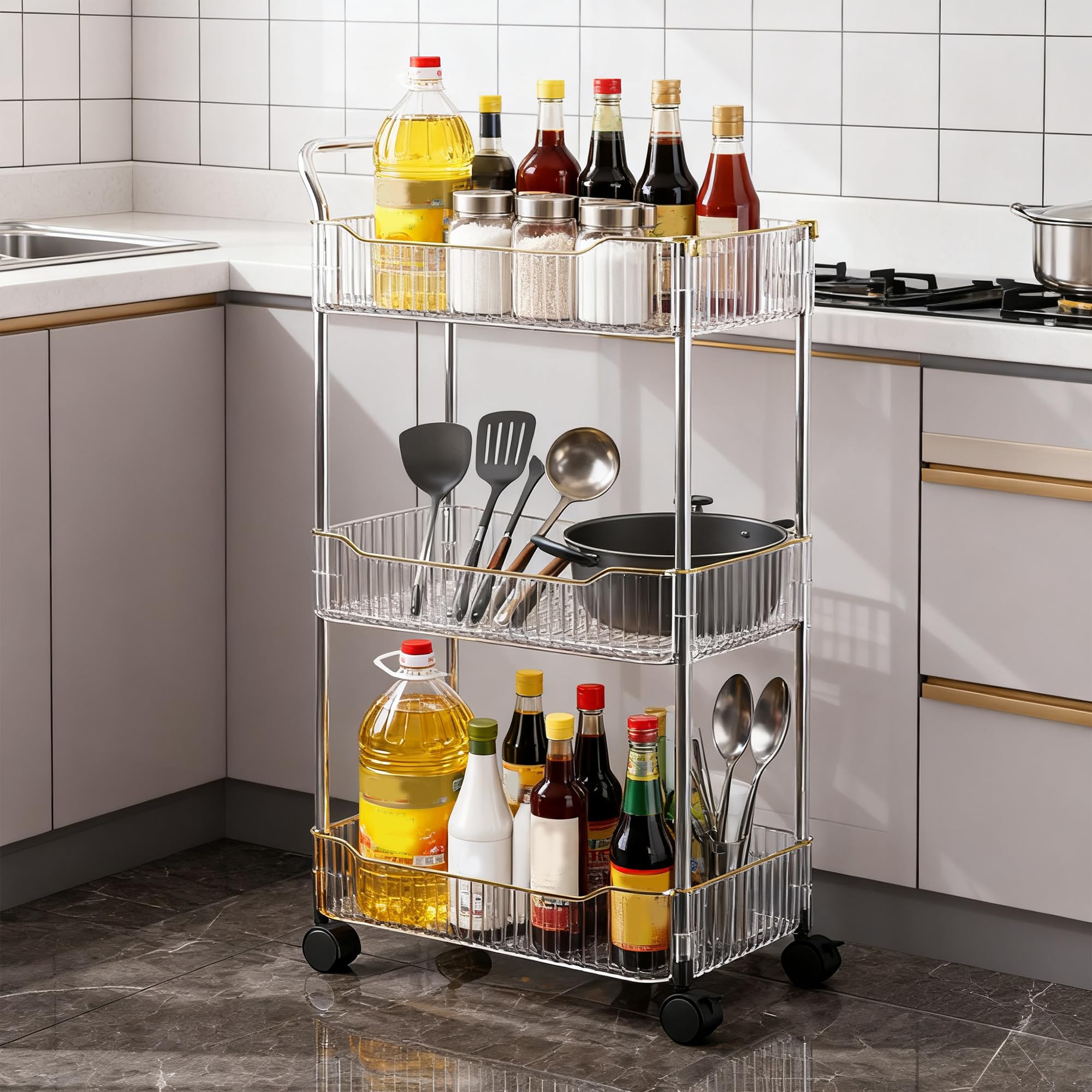 Carrello da cucina versatile a 3 livelli, carrello in acrilico per bagno, ufficio, soggiorno, carrello di servizio multi-livello con 2/3/4 livelli per una facile organizzazione