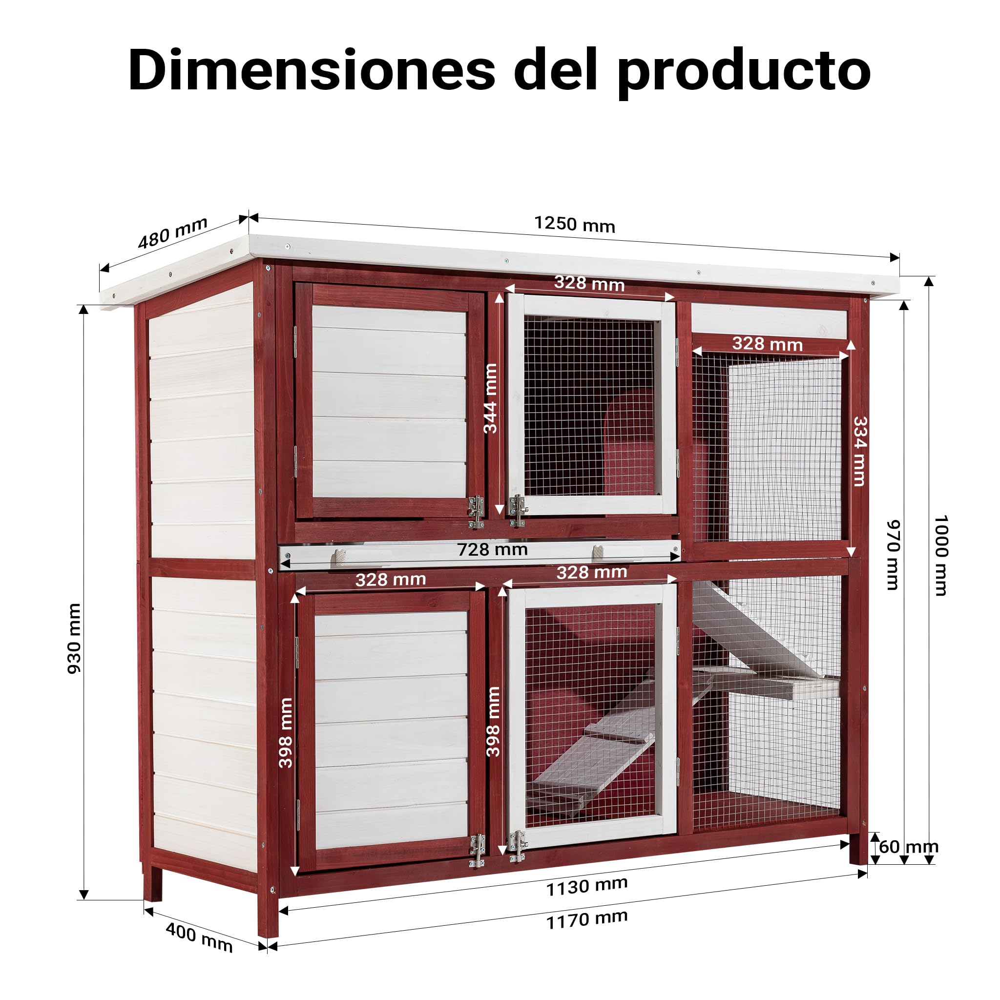 Conejera con Escalera y Dos Niveles Rojo y Blanco Caseta con Suelo extraíble y tejado Plegable