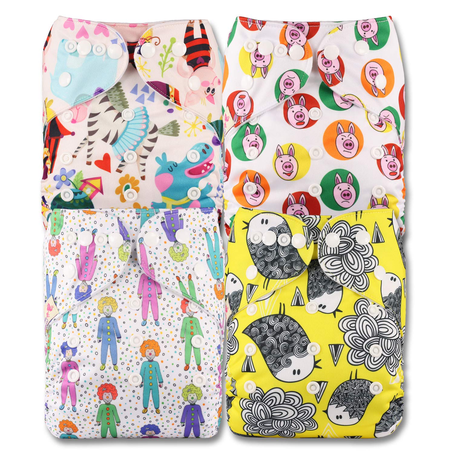 Littles & Bloomz, Reusable Pocket Cloth Nappy, Fastener: Popper, Set of 4, Patterns 419, with 8 Bamboo Inserts
