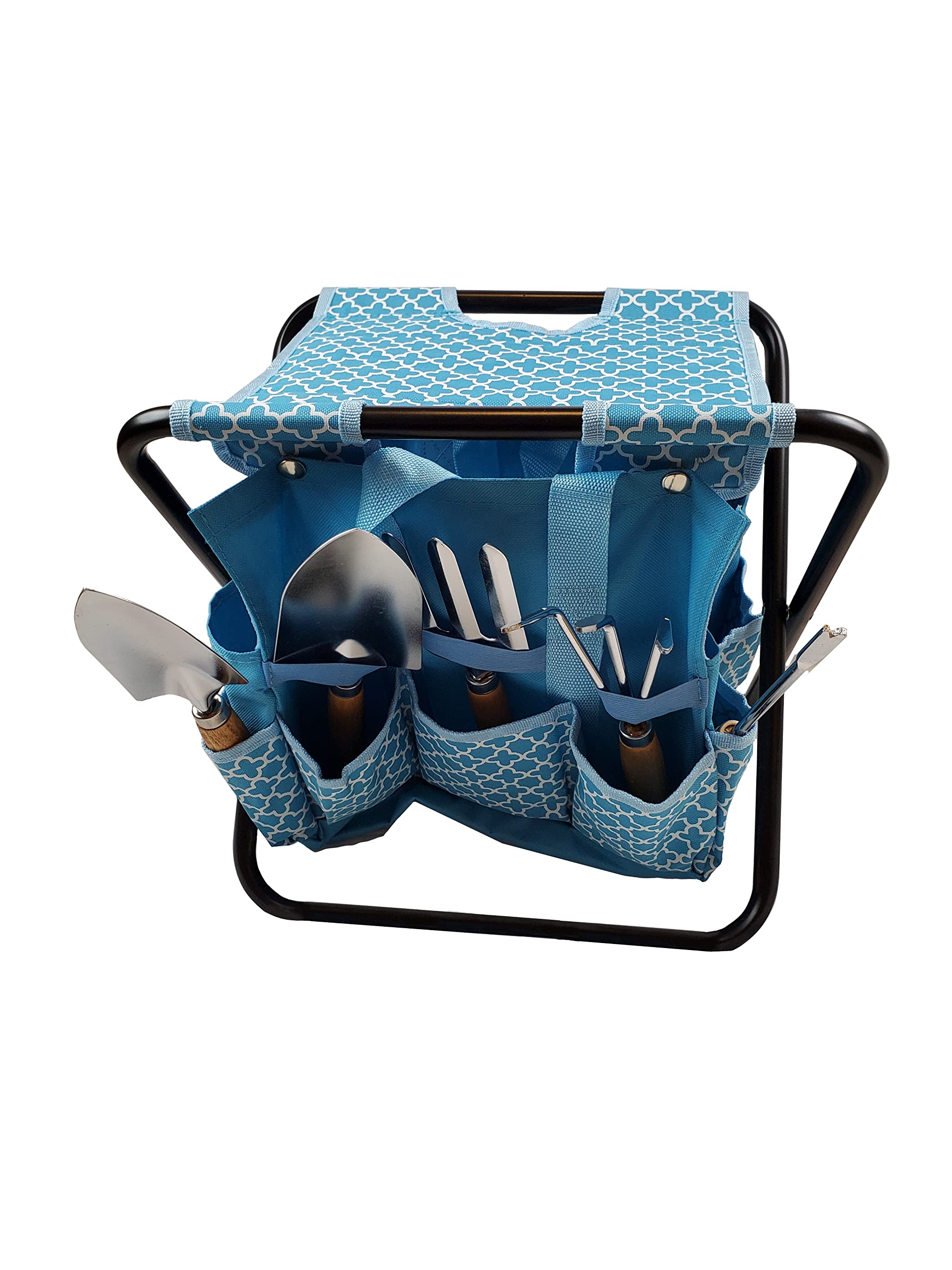 Folding Garden Stool 7 Piece Set Tool Bag Geometric Design Blue and White Detachable Tote Heavy Duty